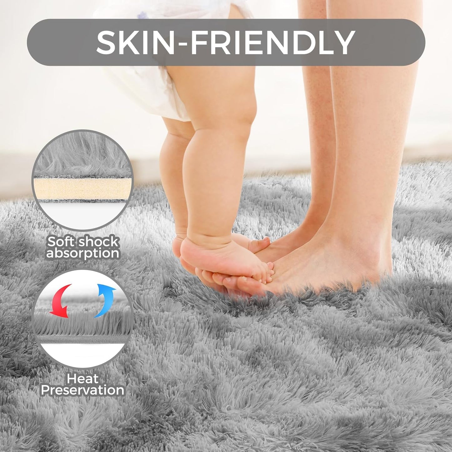 Ultra Soft Rug for Living Room, 6X9 Fluffy Shag Area Rug for Bedroom, Modern Shaggy Carpets Fuzzy Rug for Teens Dorm Nursery Home Decor Aesthetic, Upgrade Anti-Skid Durable, Tie-Dyed Light Grey