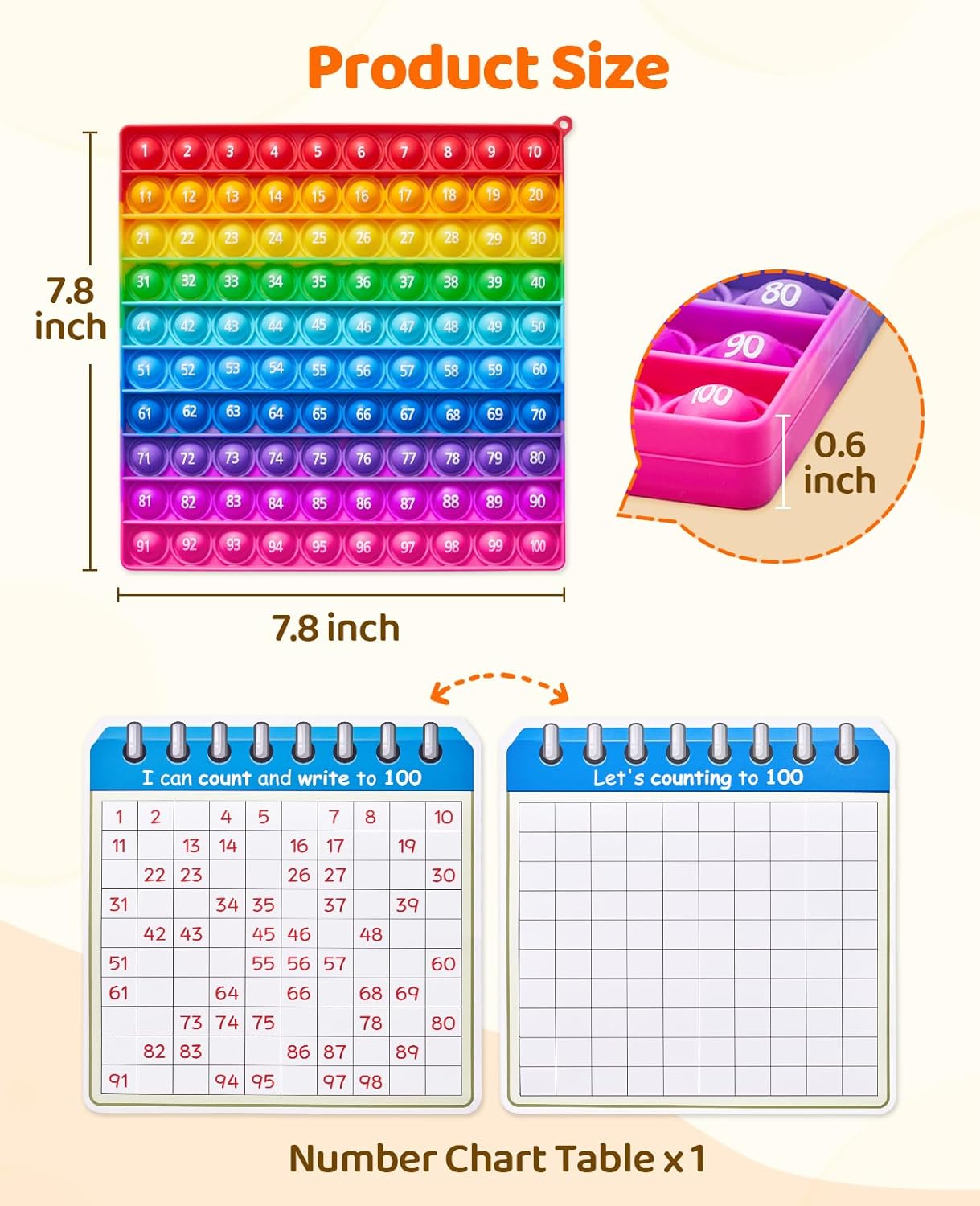 7.8in Pop Math Fidget Toys, Rainbow Square Counting Toy 100 Bubbles Stress Relieving Fidget Game for Teachers to Create Kinds of Math Manipulatives Games-with Numbers 1-100 Tables