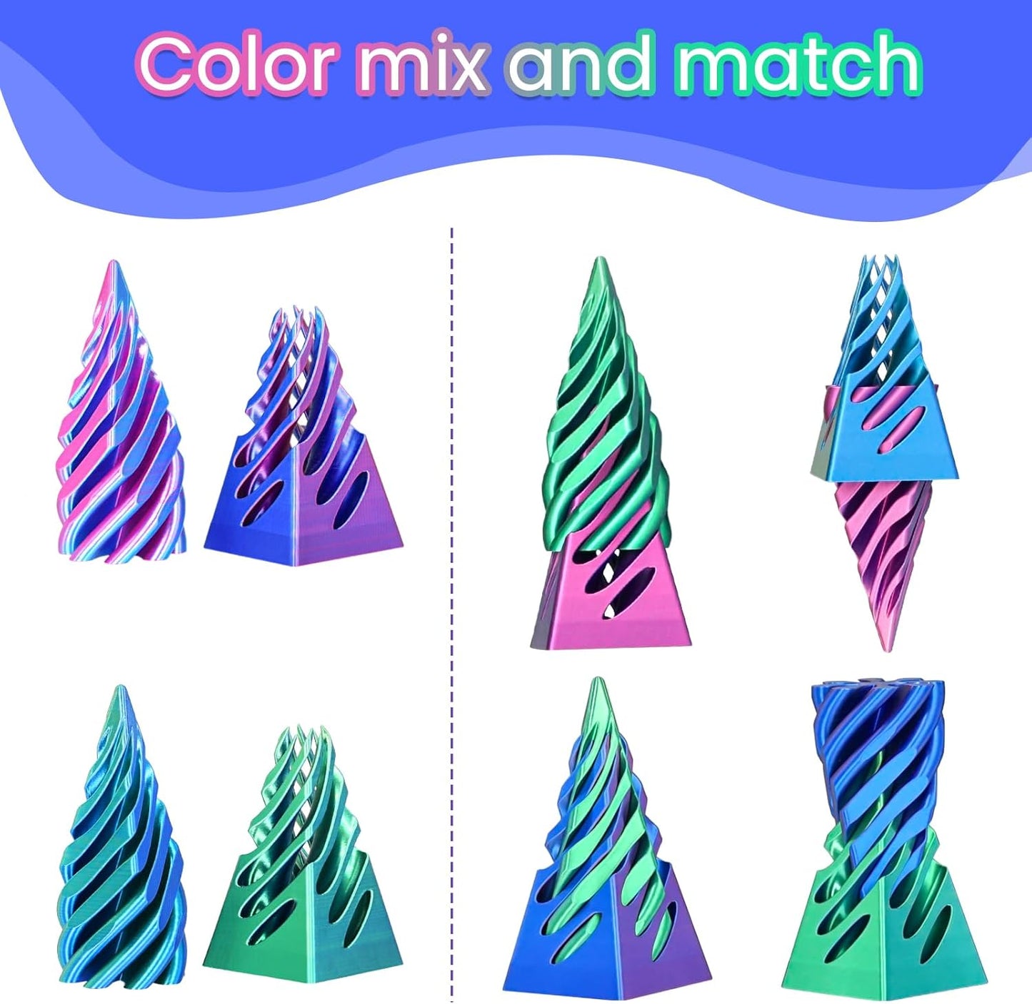 2 Packs Impossible Pyramid Passthrough Sculpture 3D Printed Spiral Cone Fidget Toy for Adults Kids, Infinity Spiral Tree, Christmas, Halloween, Thanksgiving, and White Elephant Gifts (Purple+Green)