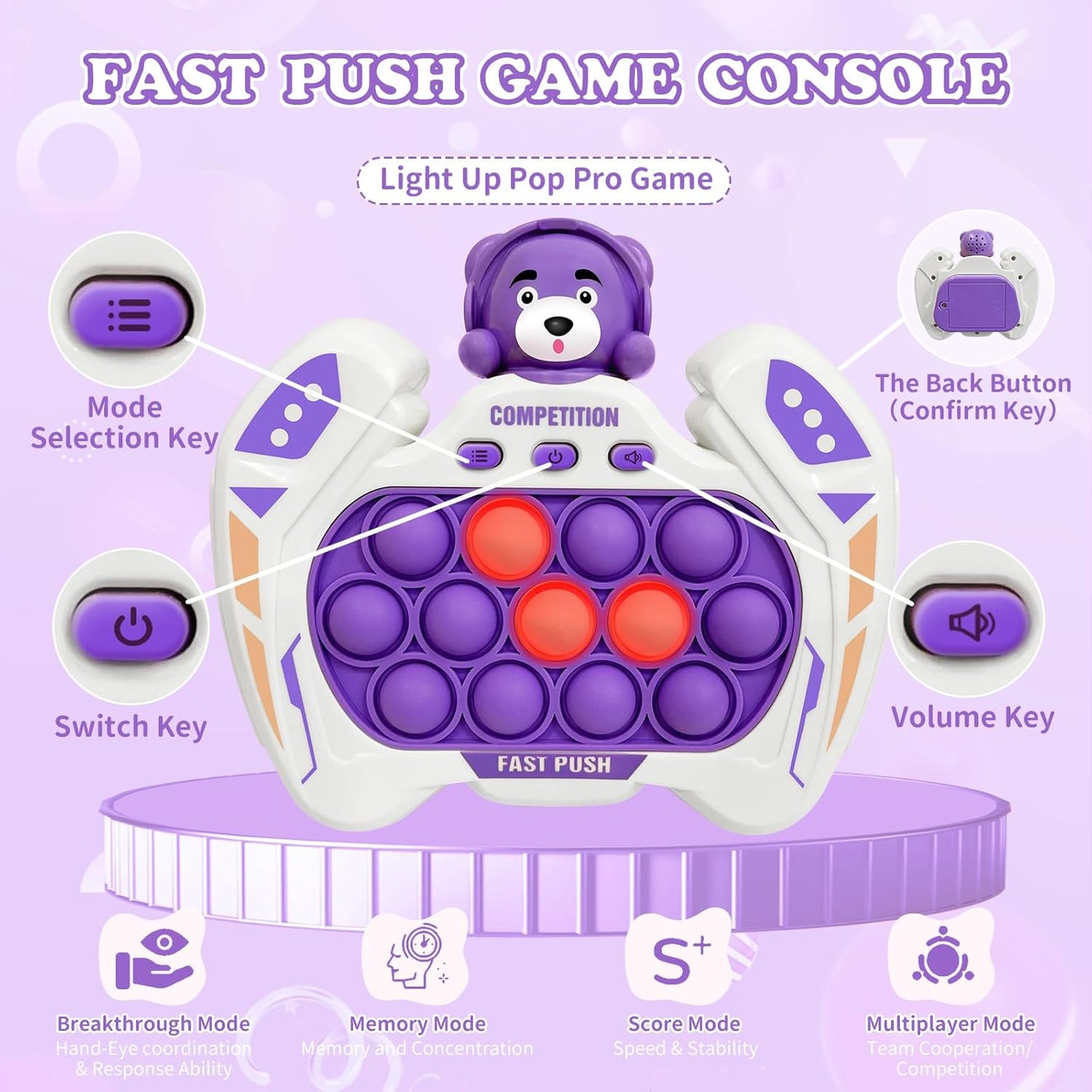 Fast Push Pop Pro Light Up Fidget Bubble Game Controller, Puzzle Pop Pro Game Fidget Toys Adults Handheld Bubble Pop Fidget Game Console Anti-Anxiety Autism Electronic Pop Game