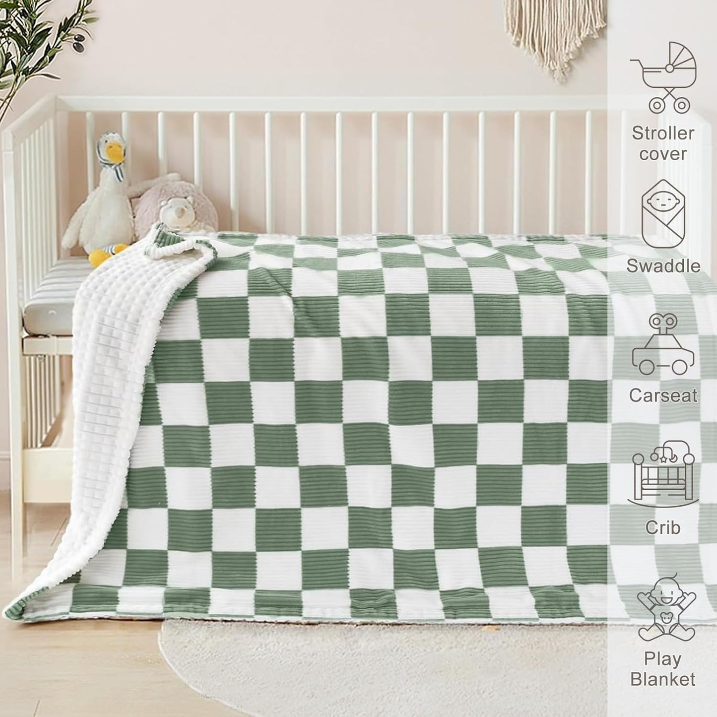HOMRITAR Checkered Baby Blanket for Boys Sage Green Comfy Durable Corduroy Toddler Blankets with Double Layer 3D Square Grid Backing, Reversible Lightweight Bed Blanket for Infant Newborn 30 x 40 Inch