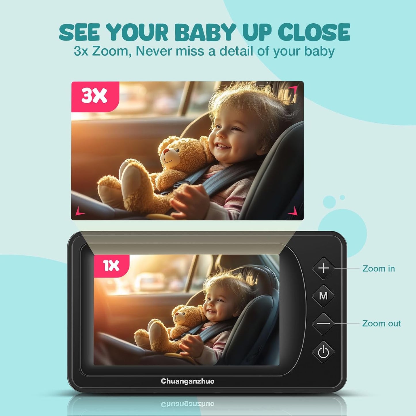 S100U Baby Car Camera with Advanced Night Vision, 3X Zoom, USB Powered, 5'' AHD 1080P IPS Crystal-Clear Car Baby Monitor, Backseat Camera for Kids Infants Rear Facing, 5inch Black