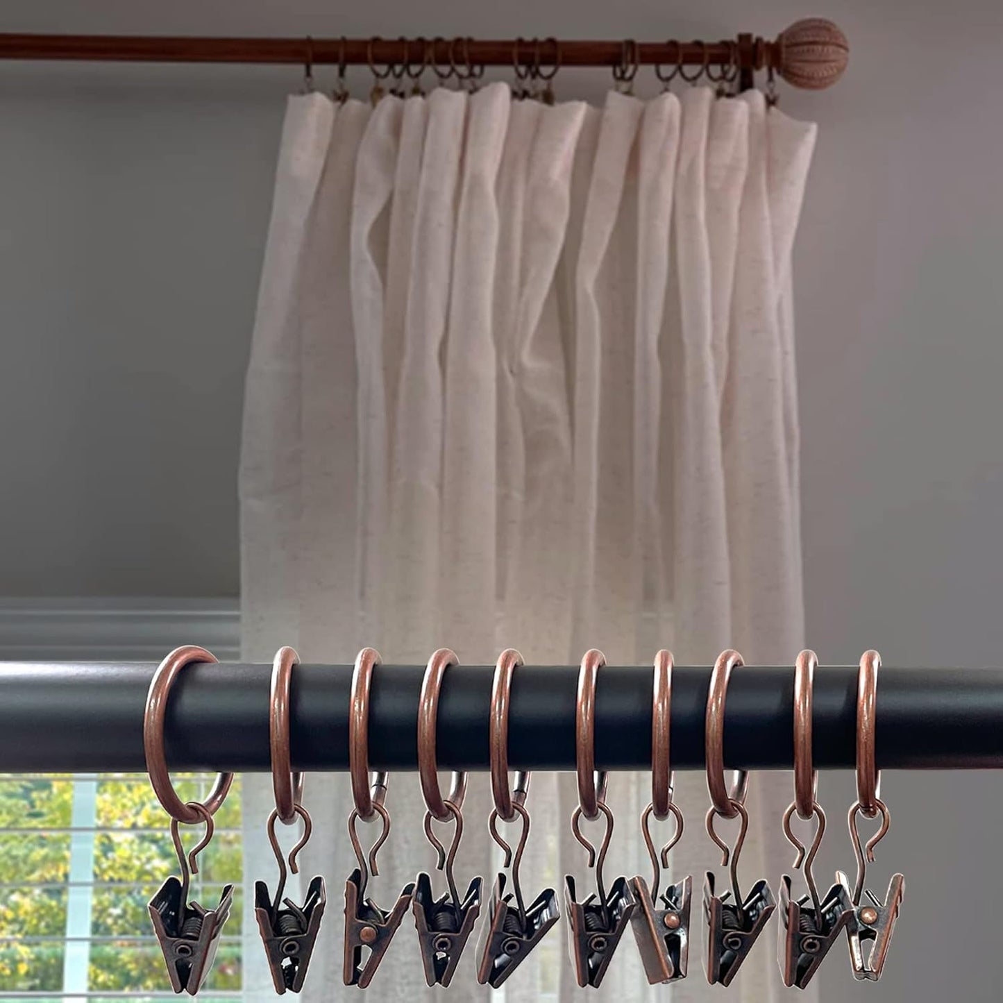 100 Pack Antique Copper Curtain Rings with Clips, Curtain Hooks Hangers Clip Rings for Hanging Drapes Bows Hat, Drapery Rings 1 in I D, Fits up to 5/8 in Diameter Curtain Rod.