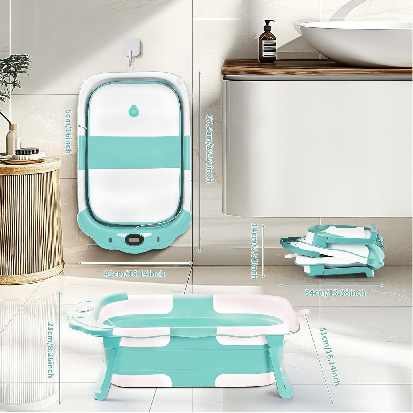 Baby Bathtub,Collapsible Baby Bath Tub with Thermometer & Soft Floating Cushion,Portable Travel Baby Bathtubs for Newborns to Toddlers 0-36 Months(Bear Green)