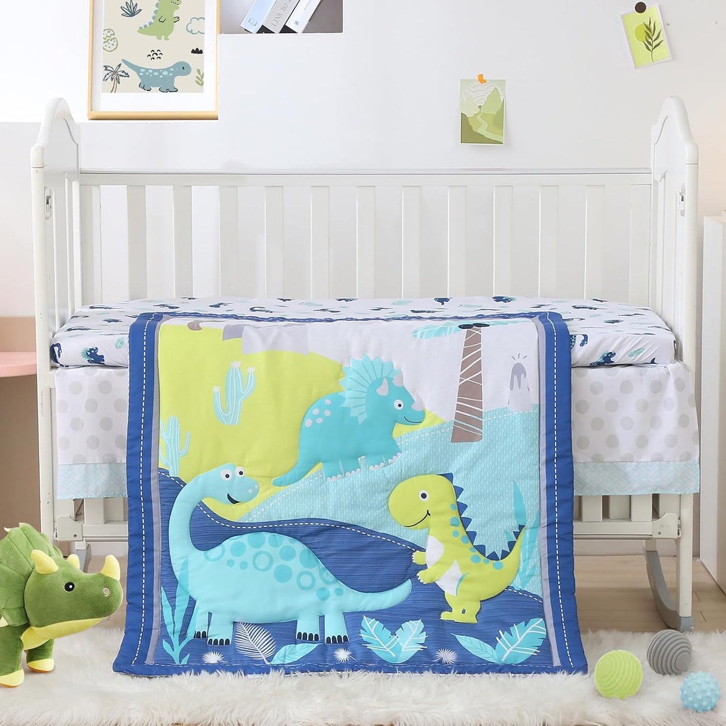 Wowelife Dinosaur Crib Bedding Set for Boys Blue, Premium 3-Piece Baby Bedding Set, Nursery Crib Set, Newborn, Infant & Toddler Nursery Bed Set, Blue Dinosaur