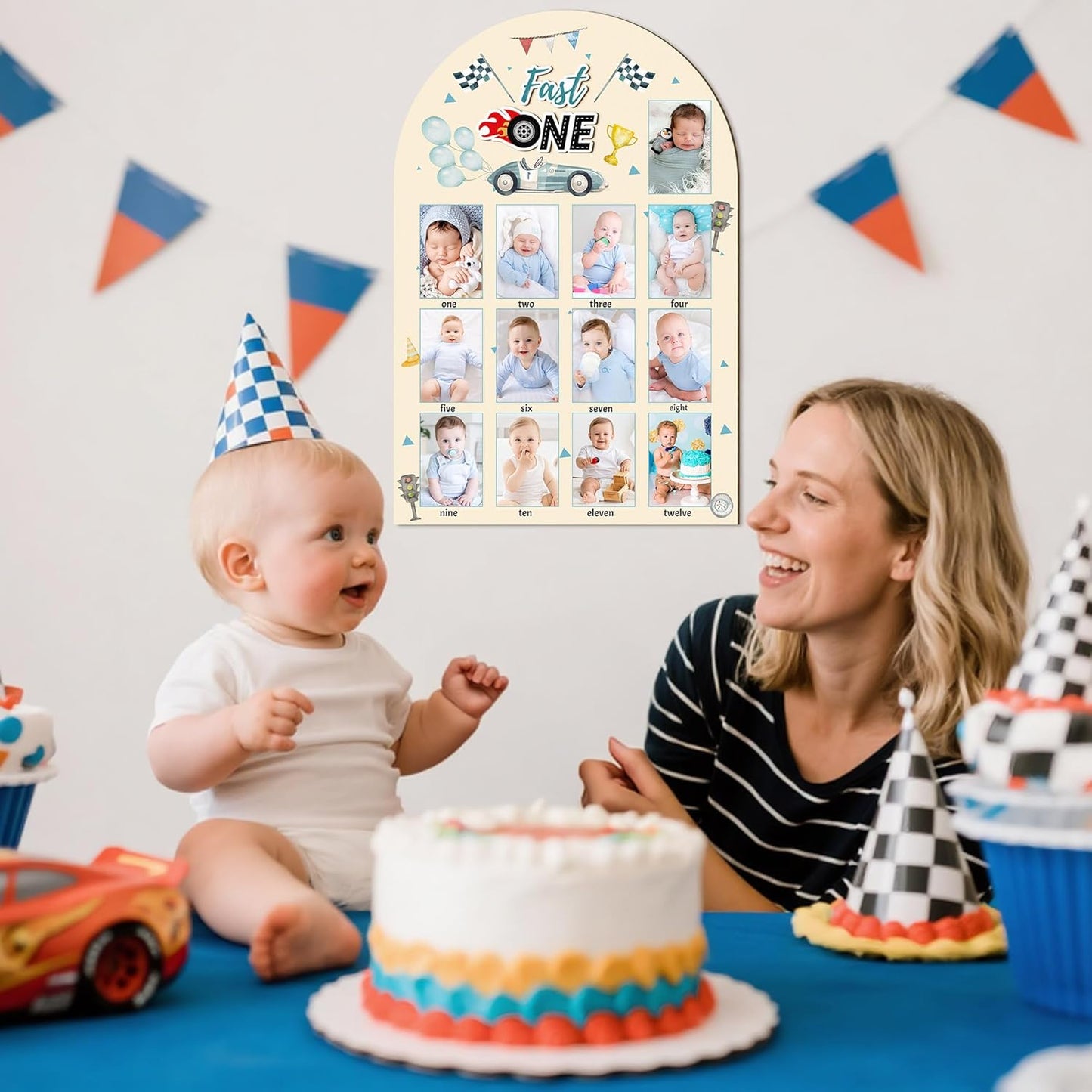 R HORSE My First Year Photo Display Wood Board - 3D Race Car Baby's First Year Picture Frame, 12 Months Milestone Board Neutral Baby Keepsake Gift One Year Old Birthday Nursery Decor for Boy