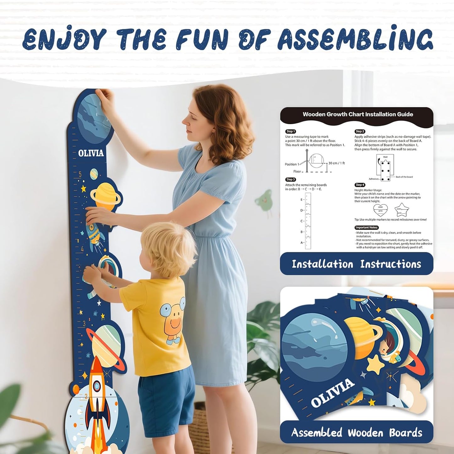 Personalized Name Wooden Growth Chart Wall Decor – Kids' Space Height Measurement Chart for Baby, Boys & Girls Room 62.5" x 15.5"