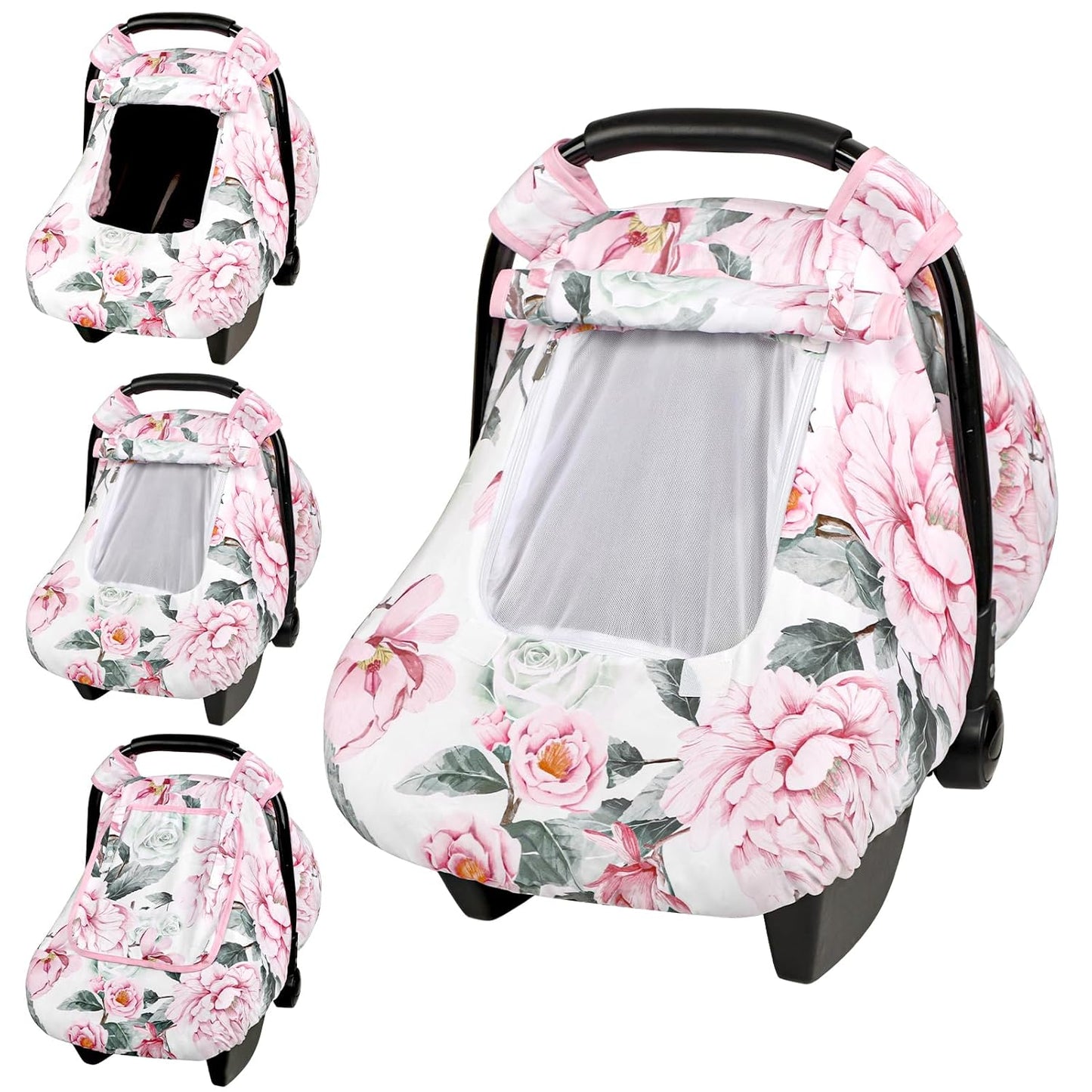 Pea Pod Car Seat Cover for Baby Girls, Floral Infant Car Seat Canopy Cover for Newborn, with 2 Layers Windows of Breathable Mesh/Fabric, 3D Minky Dot Backing, Ultra Soft & Comfortable