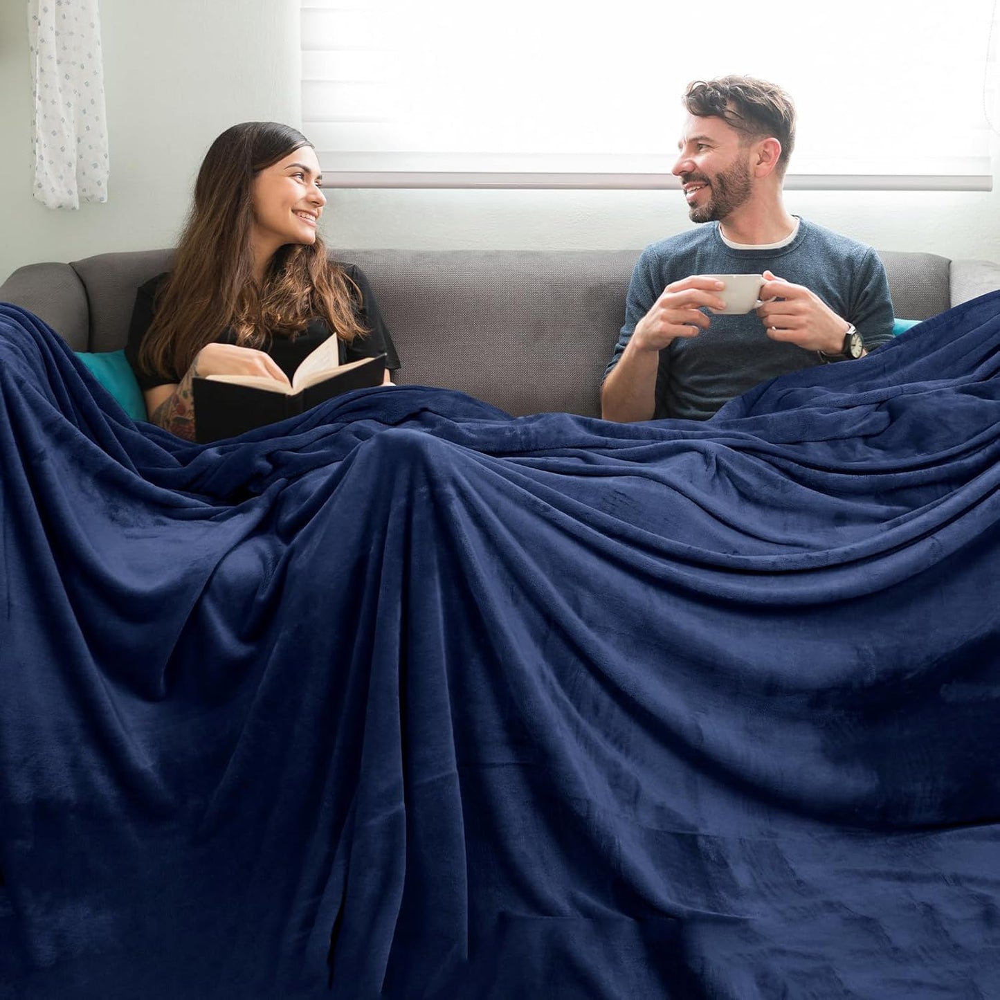 PHF Oversized King Fleece Blanket 120"x120", No Shed No Pilling Big Soft Blanket, Extra Large 10'x 10' Lightweight for Bed, Sofa Travel and Camping, Suitable for All Season, Navy Blue