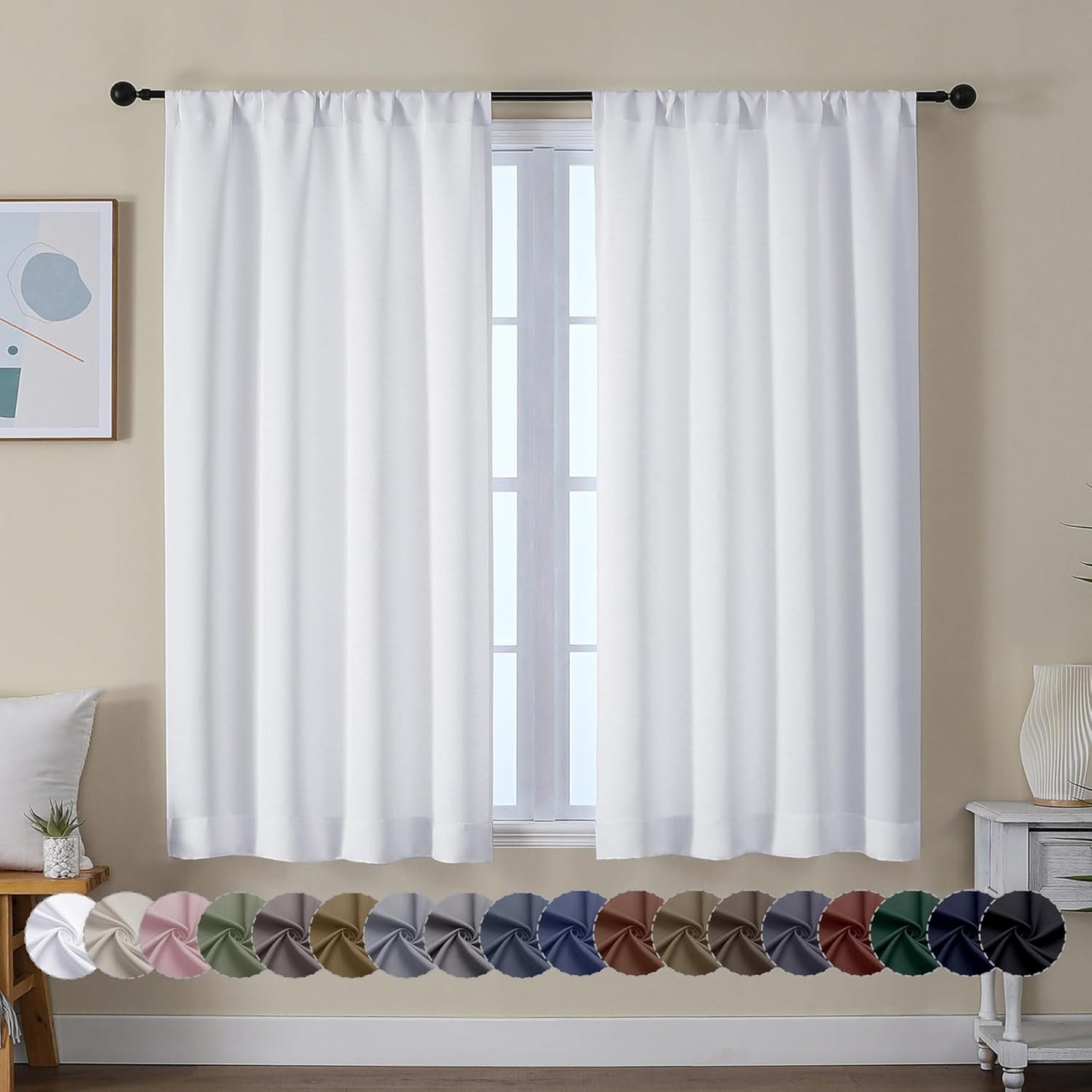 Simplebrand Ava Pure White Curtains for Bedroom 54 Inches Long 2 Panels Set, Light Filtering Window Treatment, Short Curtain Drapes, Soft Touching Casual Rod Pocket Privacy Curtains, W40 x L54 Inch