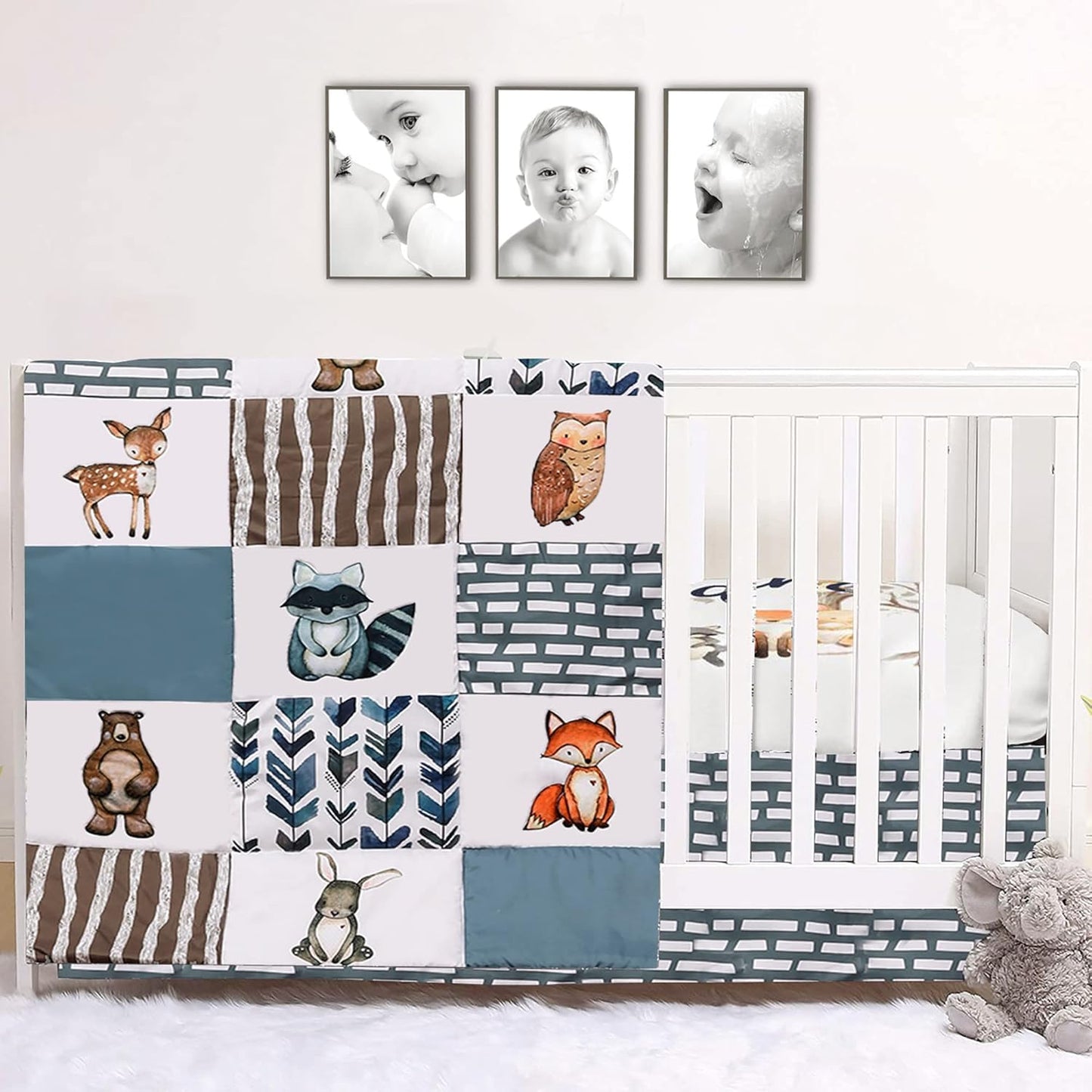 PINNKKU 3-Piece Crib Bedding Set for Boys, Includes Crib Skirt, Blanket, Sheet, Woodland Animals, Standard Size