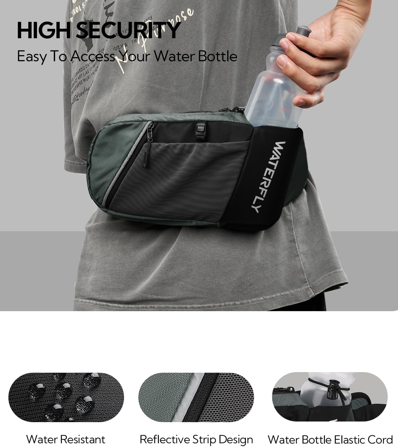 WATERFLY Fanny Pack Waist Bag: Hiking Water Bottle Holder with Strap Waist Pack for Women Men Hydration Hip Packs for Running Walking Traveling-Black & Gray