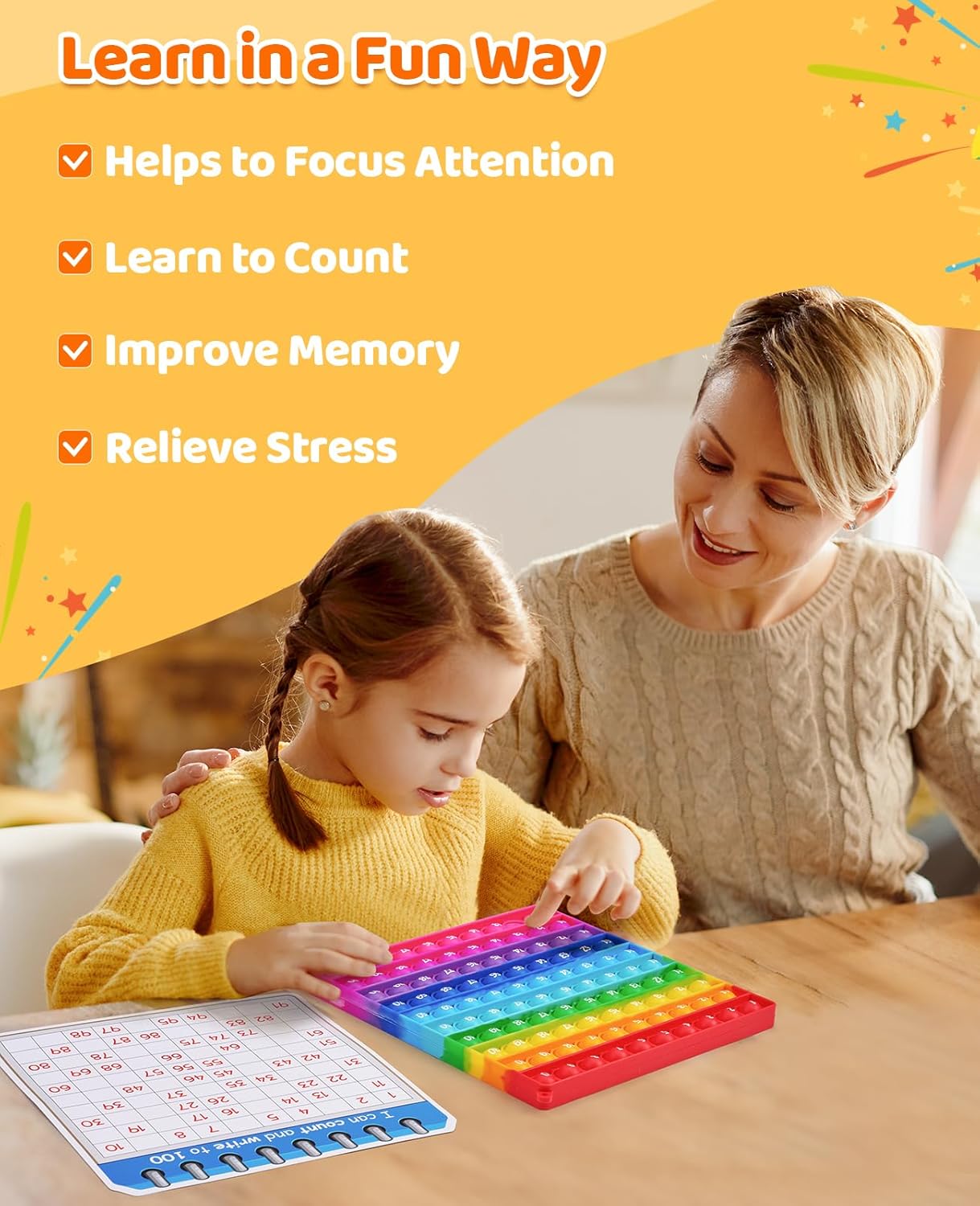 7.8in Pop Math Fidget Toys, Rainbow Square Counting Toy 100 Bubbles Stress Relieving Fidget Game for Teachers to Create Kinds of Math Manipulatives Games-with Numbers 1-100 Tables