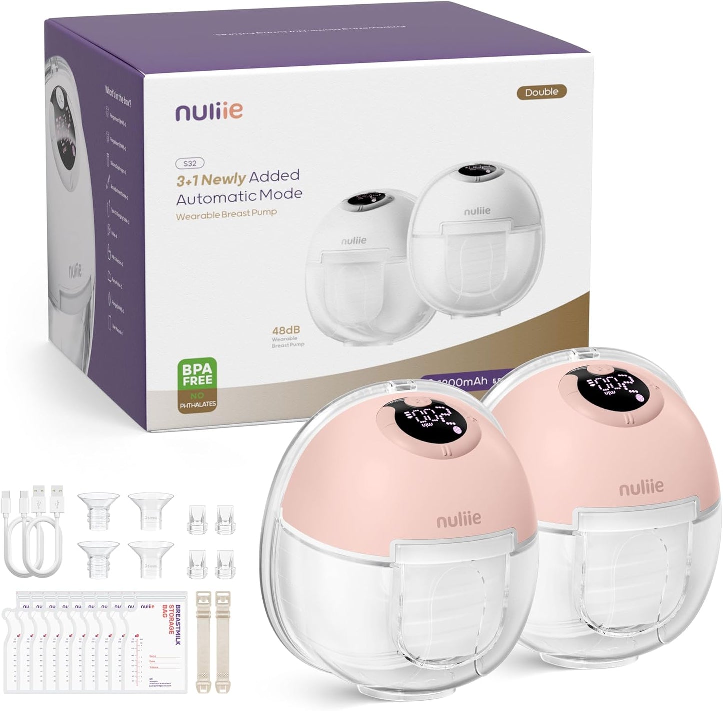 Nuliie Hands-Free Breast Pump, Wearable Breastfeeding Pump 4 Modes 9 Levels with 18/21/24MM Flange, Electric Breast Pump Portable, Replaced Pumping Accessories Included (Pink, 2 Packs)