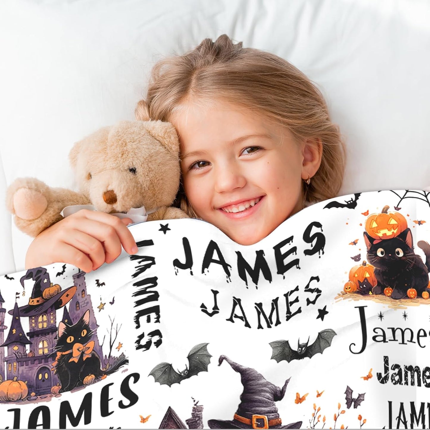 Ship Next Day, Custom Halloween Blanket - Printed in USA, Personalized Baby Blankets with Name, Gift for Kids Boys Girls, Unique Present for Birthday, Christmas, Halloween Bats Toddler Blanket