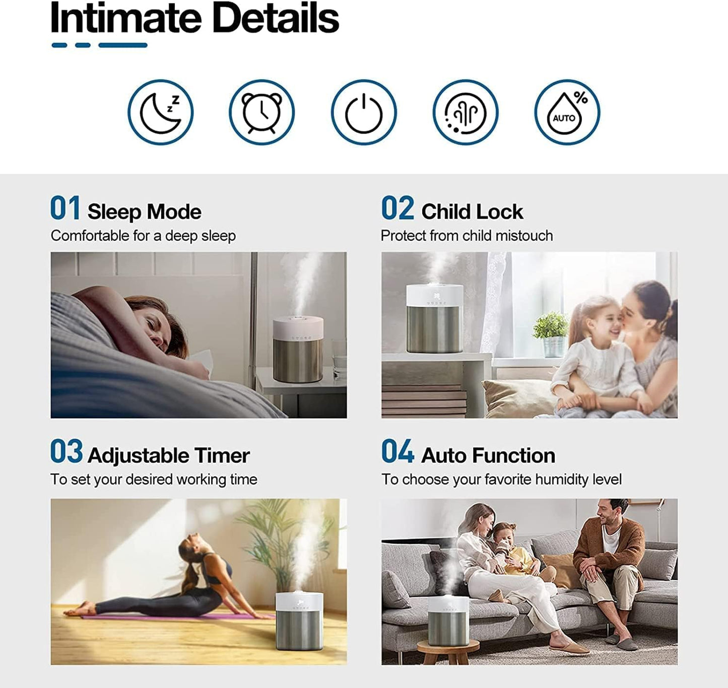 Stainless Steel Humidifier, 4.5L Easy to Clean Humidifier with 304 Stainless Steel Tank, Cool Mist Humidifiers for Bedroom with Smart Humidistat & Timer, 25dB Sleep Mode for Baby, Plants