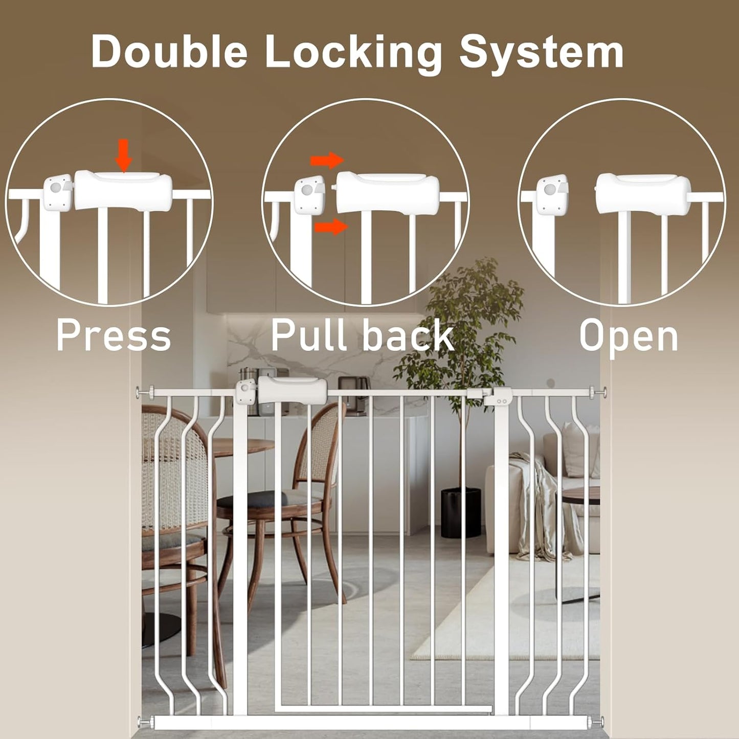 ALLAIBB Extra Wide Baby Gate Pressure Mount with Auto-Close, White Metal Safety Gate for Stairs & Doorways - Child Proof, Pet Barrier for Hallways, Kitchen, Living Room for 33.86-38.58 inch