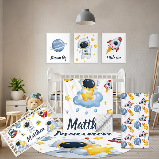 Customized Baby Bedding Set, 5 Pcs Custom Nursery Bedding Set with Baby Name, Double Layer Crib Set for Girls Boys, Personalized Gifts for Toddlers Infants New Parents, Space Astronaut