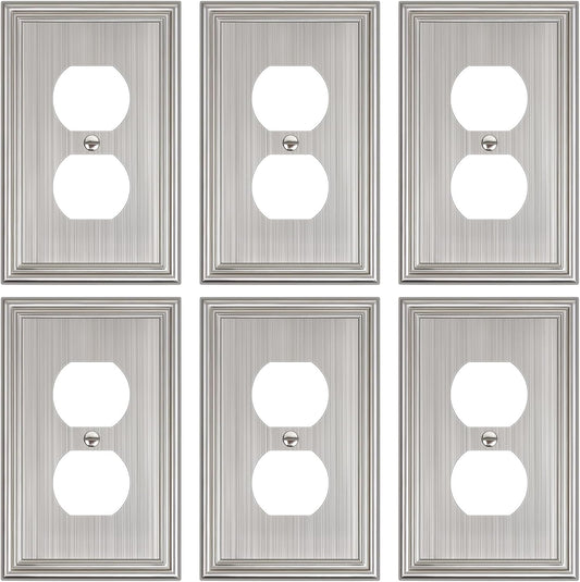6-Pack Single Duplex Outlet Cover Plate, Decorative Brushed Nickel Switch Plates and Outlet Covers, Metal Wall Plates for Electrical Outlets, 1 Gang Receptacle Cover, Corrosion Resistant