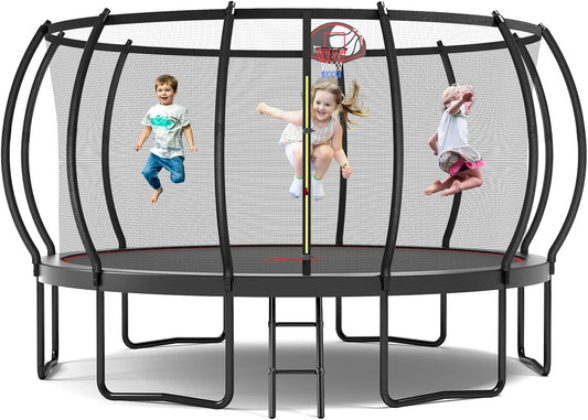 Tatub Large Trampolines Outdoor 10 12 14 15 16FT for Kids and Adults,Outdoor Recreational Pumpkin Trampolines with Curved Poles and Safety Enclosure Net, Basketball Hoop, Ladder