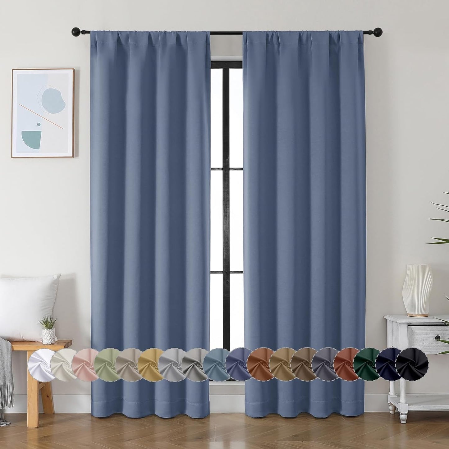 Simplebrand Ava Denim Blue Blackout Curtains for Bedroom 84 Inch Length 2 Panels Set, Solid Thermal Insulated Privacy Living Room Window Treatment Curtains Blackout Drapes, W40 x L84 Inch, Denim Blue
