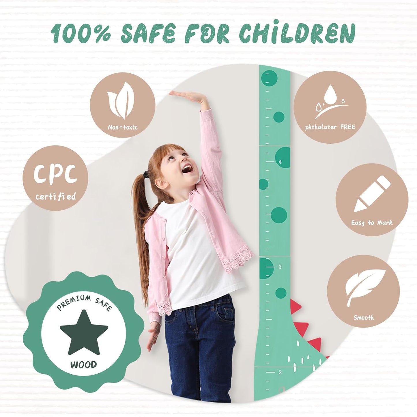 Wooden Dinosaur Height Chart – Personalized Name Growth Chart for Kids, Wall Decor 63" x 17.4"