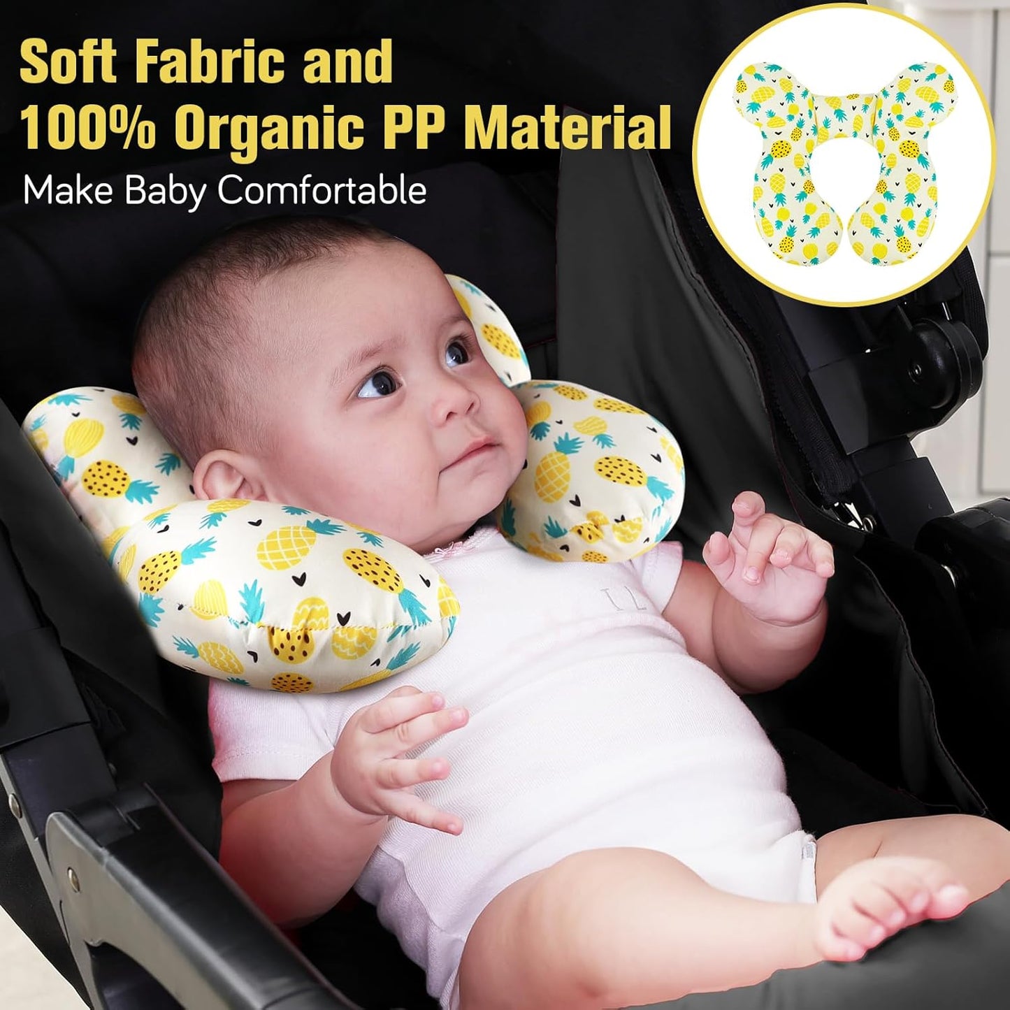 KAKIBLIN Baby Travel Pillow, Upgraded Baby Neck Pillows for Car Seat Toddler Head and Neck Support Pillow,Support Pillows for Car Seat, Pushchair,Travel (Pineapple)