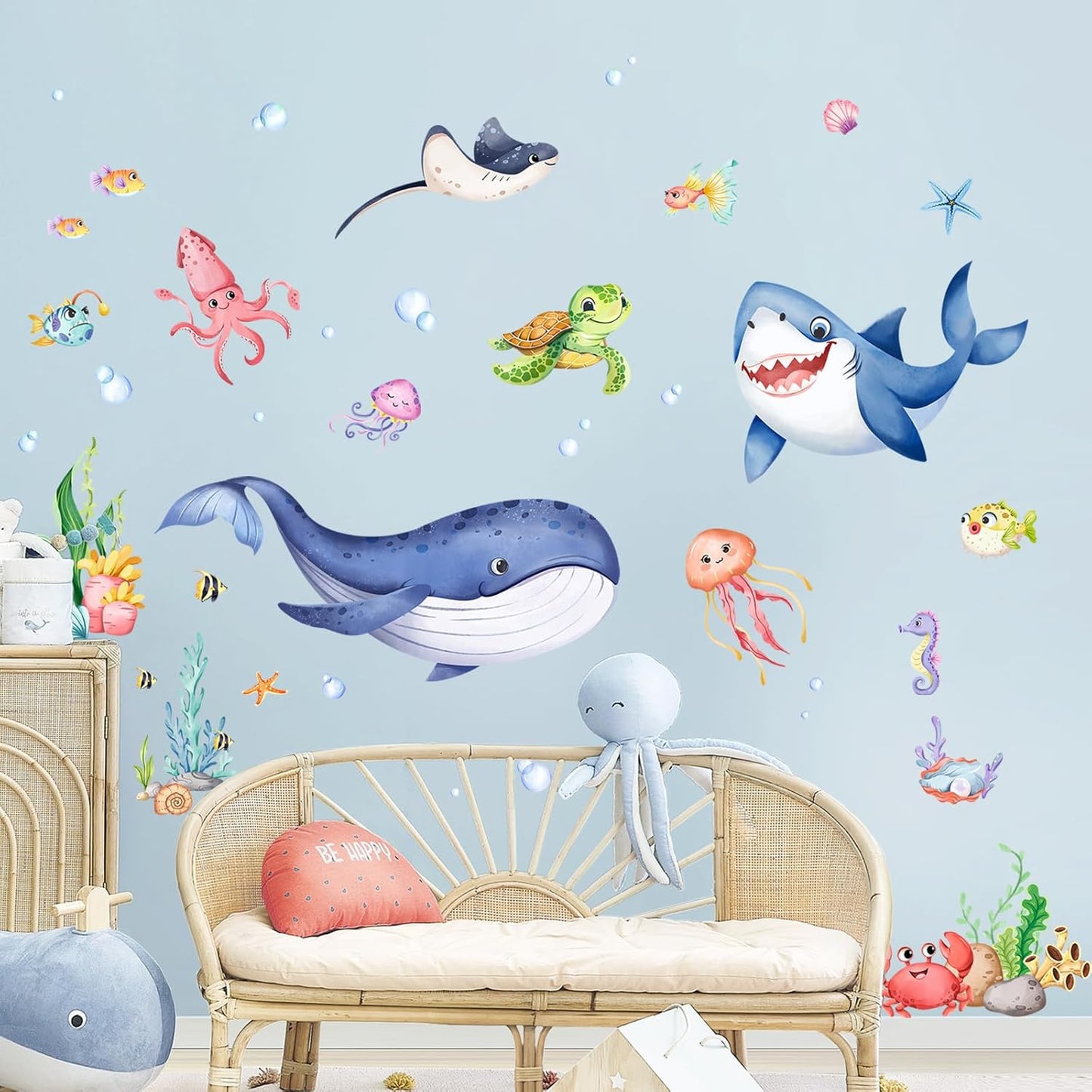 Supzone Under The Sea Wall Decals Ocean Whale Shark Turtle Seaweed Wall Stickers for Kids Toddlers Bedroom Living Room Baby Nursery Wall Decor