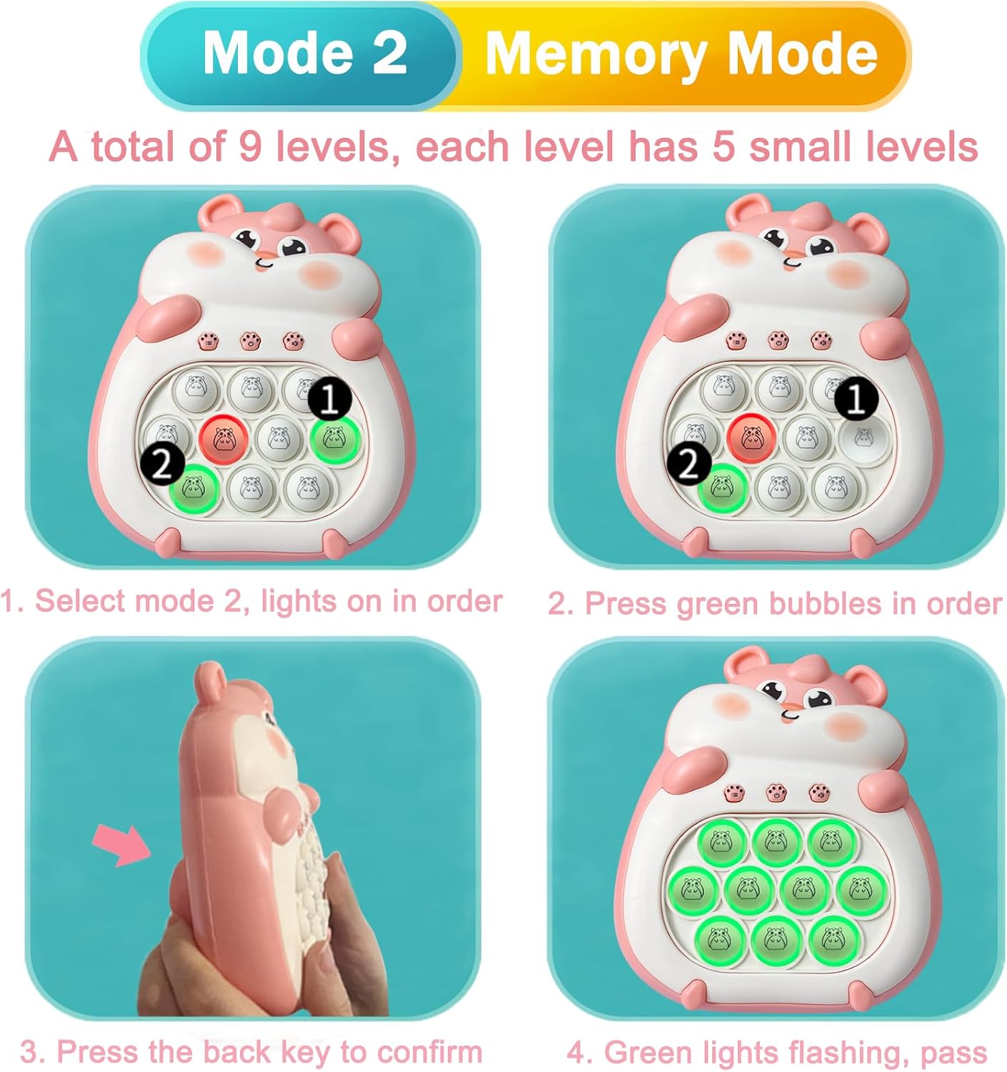 Pop Quick Push Game Light Up Fidget Toys Handheld Puzzle Press Popping Game Console for Kids Ages 3+ Adult Pink Hamster