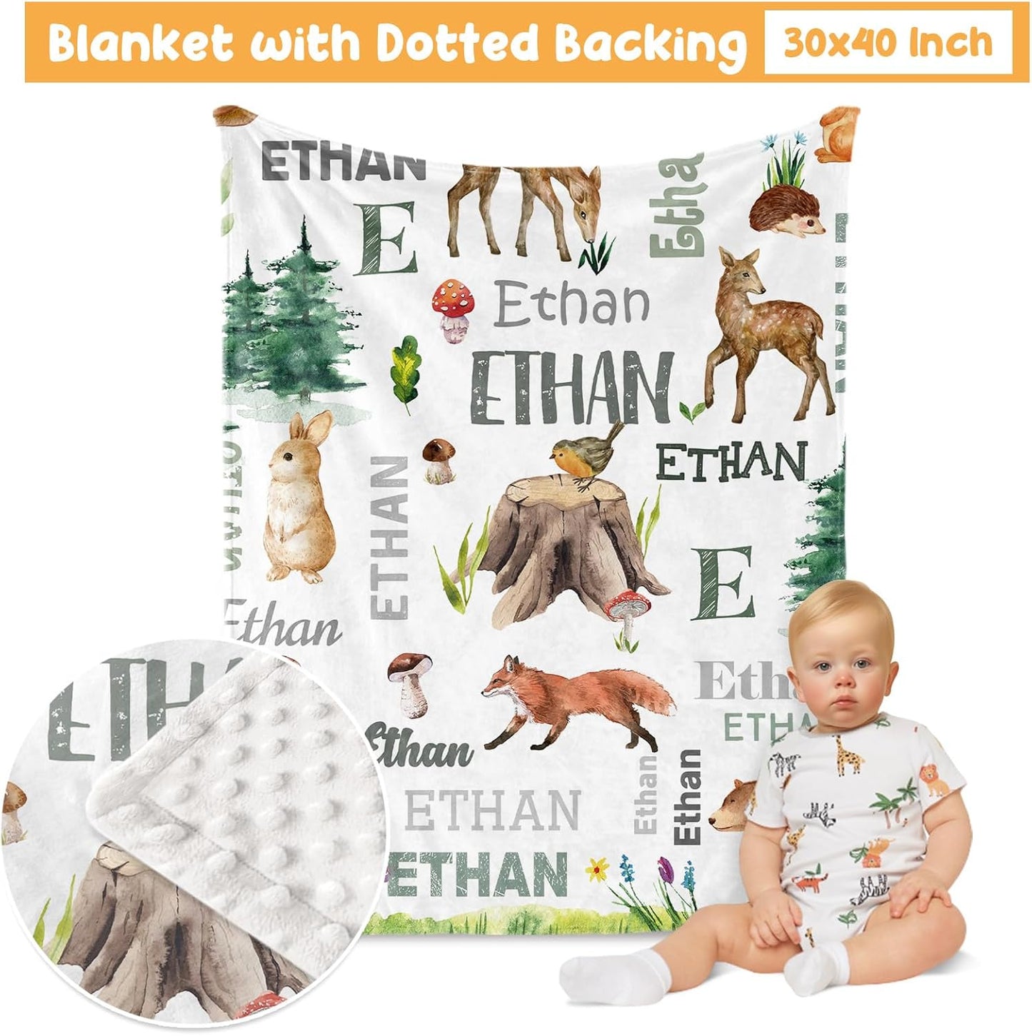 Custom Crib Bedding Set - Woodland Animals Design Personalized Name Baby Nursery Bed 3 Pcs Set - Chic Soft Blanket with Dotted Backing, Sheet, Pillowcase for Newborn Girls Boys Gifts Color13