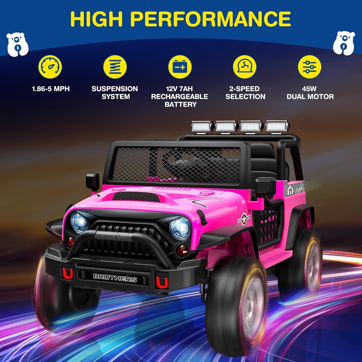 L8 2 Seater Ride On Car, 12V Kids Electric Car w/Remote Control, 4-Wheel Suspension, Bluetooth Speaker, Multi Music Modes, 3 Speeds, LED Lights, Xmas & Birthday Gift Ideas for Kids Ages 3+