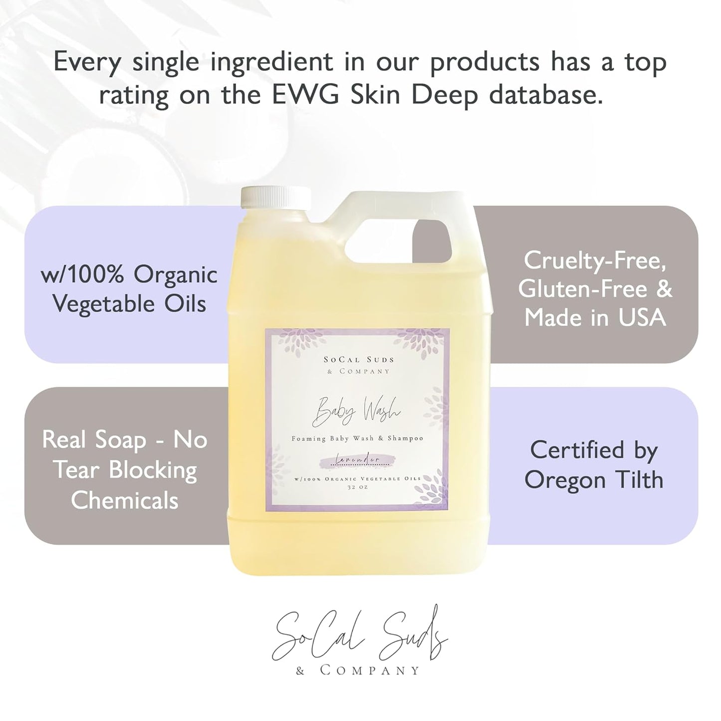 SoCal Suds & Company - 2-in-1 Organic Foaming Baby Shampoo & Body Wash Castile Soap Refill - Gentle Body Soap and Shampoo for Sensitive Skin - Nourishing Ingredients - Newborn Baby - Lavender, 32oz