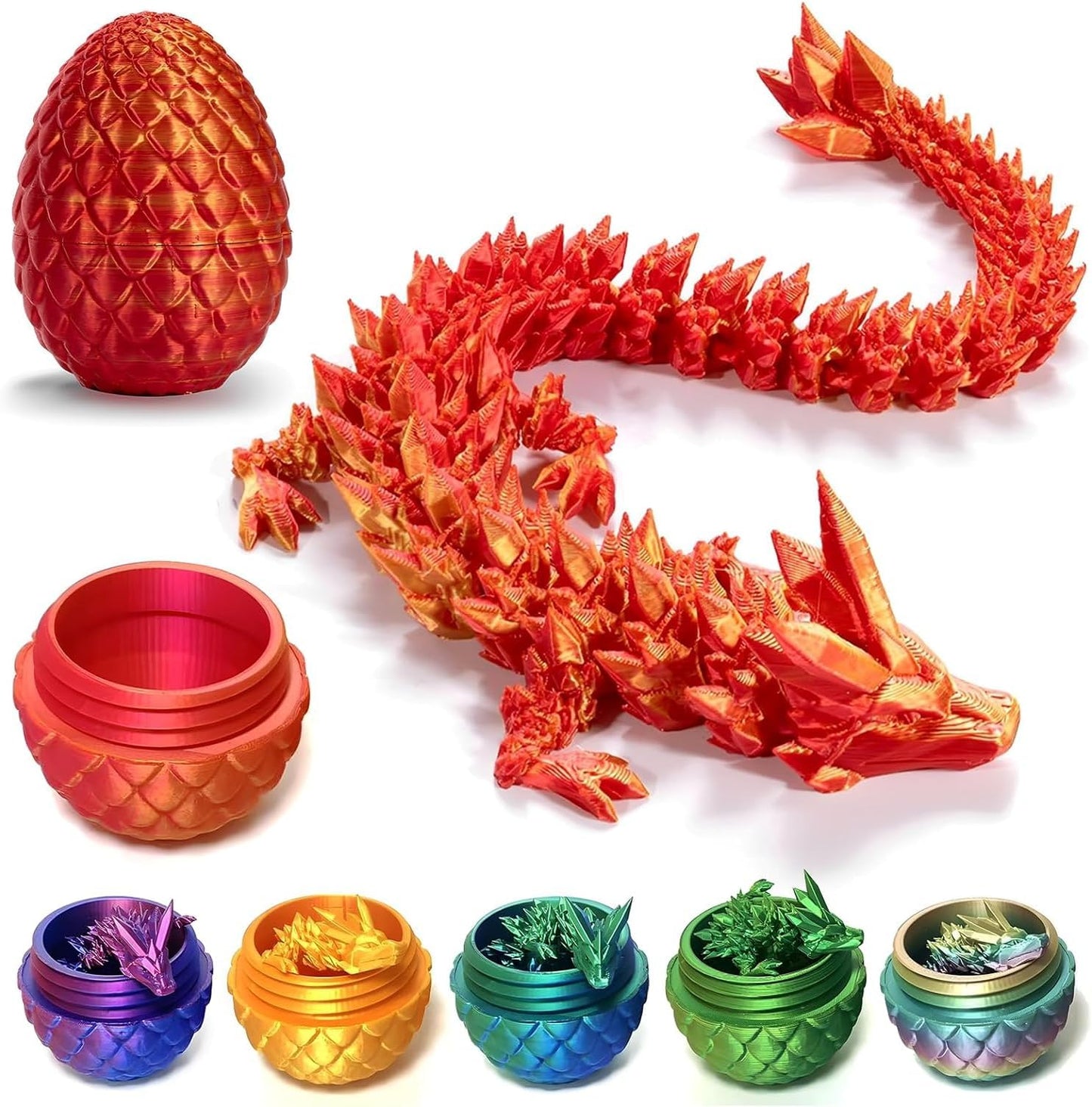 Easter Egg Dragon Egg 12In Dragon Toy 3D Printed Dragon Fidget Toys 3D Printed Dragon Egg with Articulated Dragon Inside Fidget Toys for Autism/ADHD (Red Mix Gold)