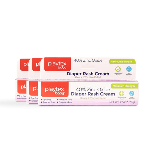 Playtex Baby Diaper Rash Cream, 2.5 oz. Tube, 3-Pack, Dermatologist Tested 40% Zinc Oxide Diaper Cream, Fragrance Free, Hypoallergenic, Free of Dye, Parabens and Phthalates