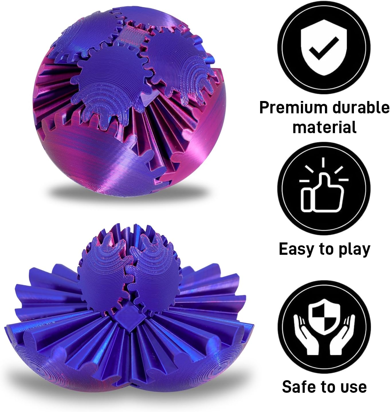 Gear Ball 3D Printed Gear Ball Fidget Toy, Spin Ball or Cube Fidget Toy ,Stress Ball Gear Sphere Desk Toy for Stress Anxiety (Purple+Blue)