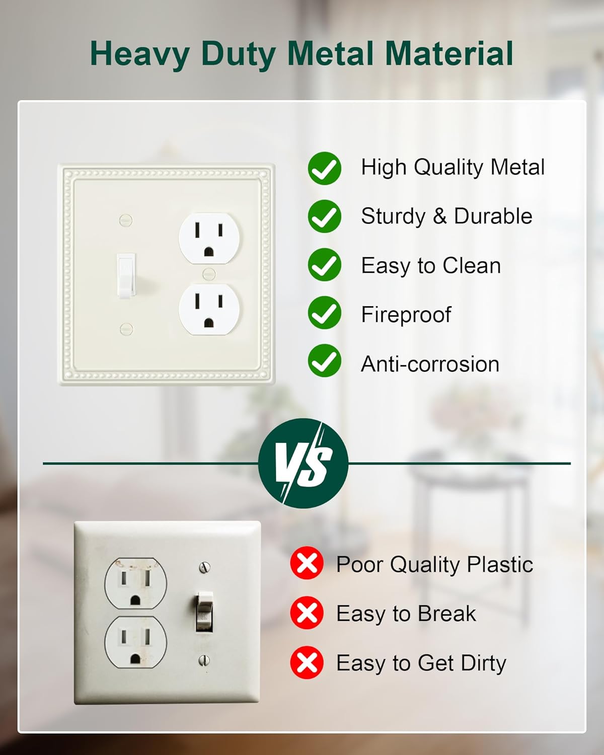 2-Pack Combo Toggle/Duplex Light Switch Cover Plate, Light Almond Metal Wall Outlet Cover Plate, Decorative Classic Beaded Wall Socket Receptacle Cover for Electrical Outlets, Light Switch