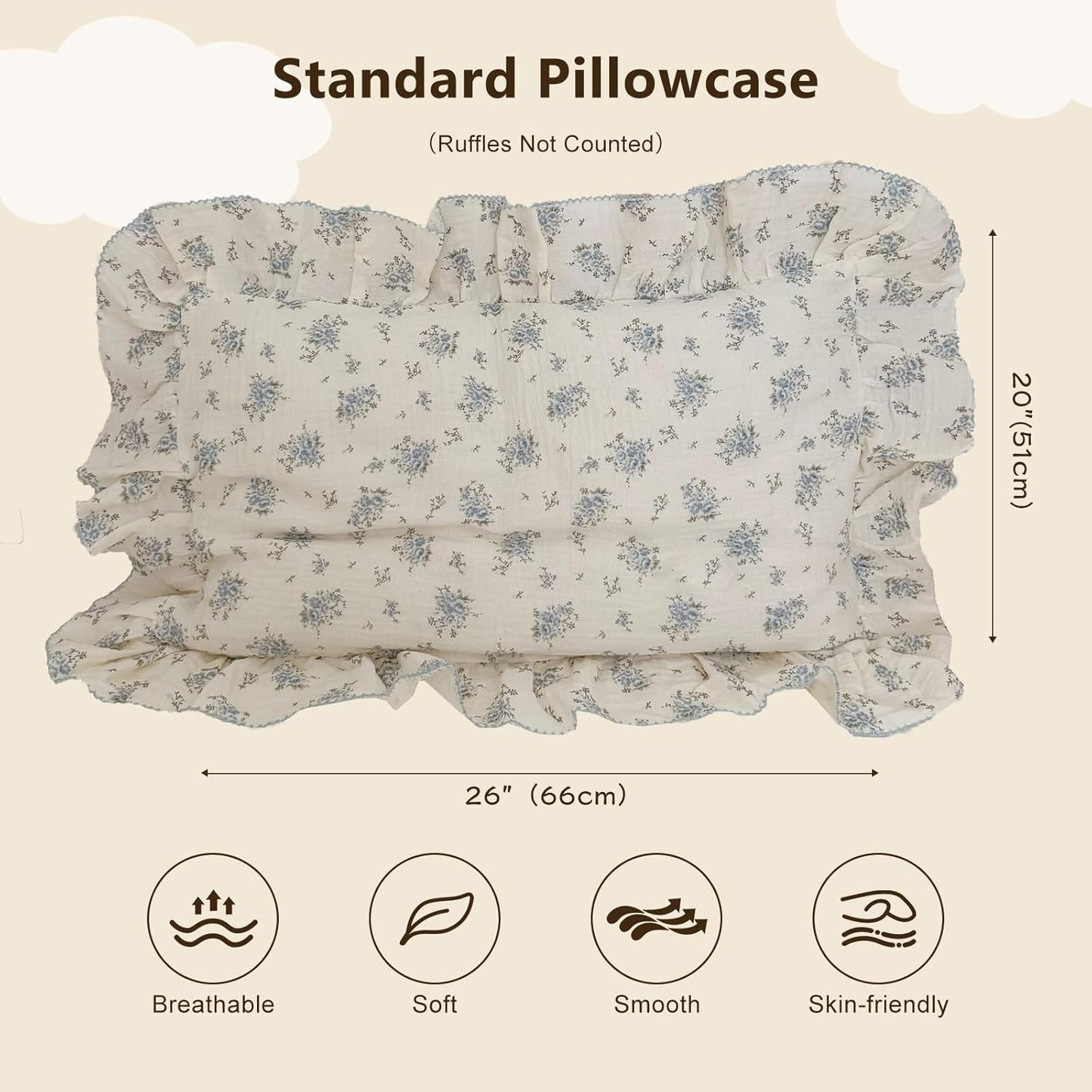 BuLuTu Muslin Cotton Kids Pillowcases for Girls Boys Shabby Chic Blue Floral Print Pillow Case Beige Toddler Pillowcases Standard Size Pillow Cover with Ruffles, 20"x26", 1 pc