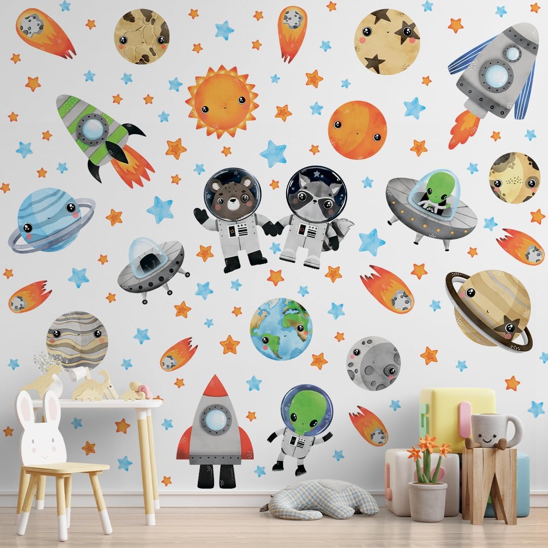 Solar System Wall Decals Astronaut Animals - Peel and Stick Outer Space Stickers with Planets and Stars for Kids Room, Boys or Girls Bedroom, Toddler Nursery, Playroom, Daycare Wall Decor -L Size