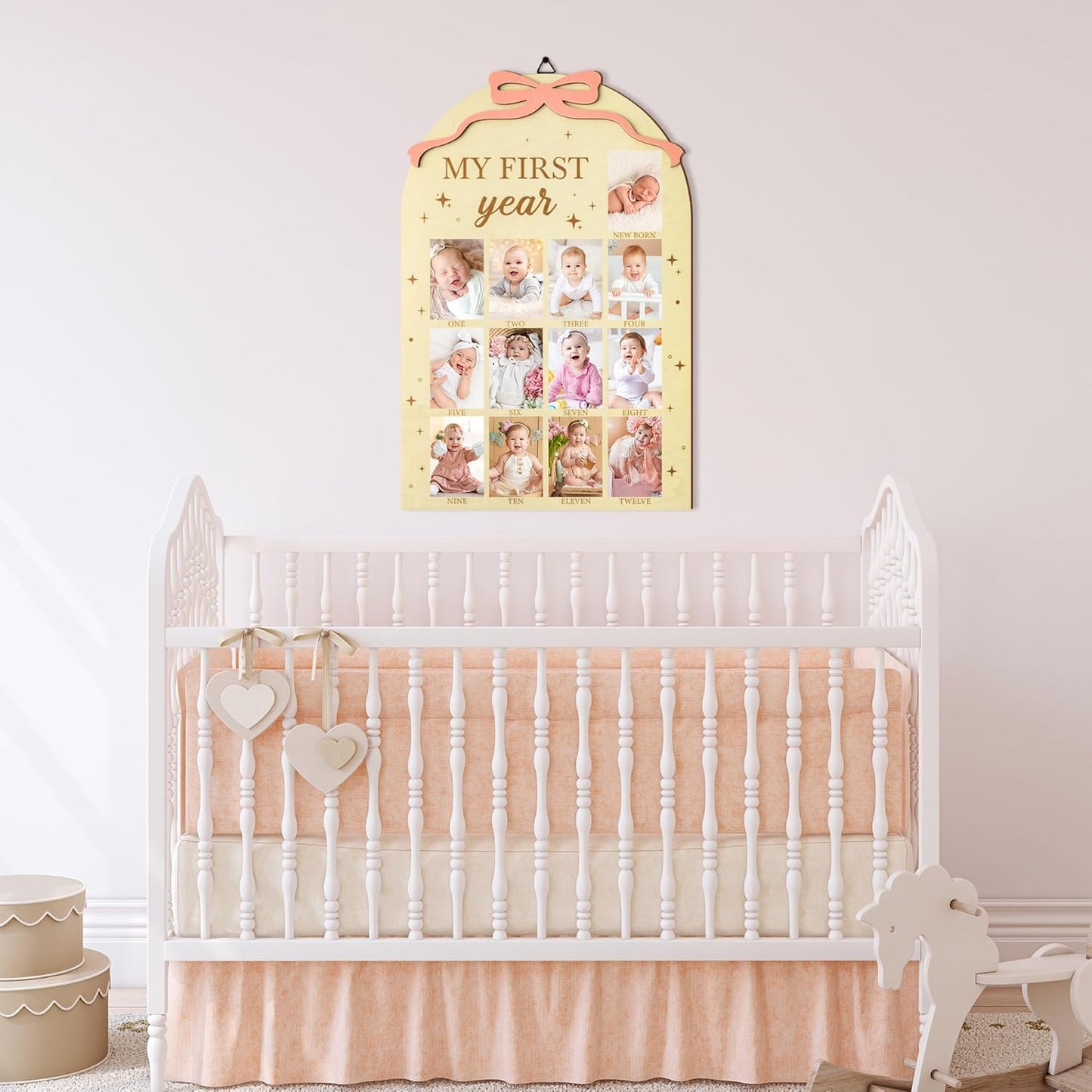 R HORSE My First Year Photo Frame Board, 3D Coquette Pink Bow Display Wood Board, Baby’s First Year 12 Months Milestone Sign 1st Birthday Frame Nursery Decor Keepsake Gift for Boy Girl