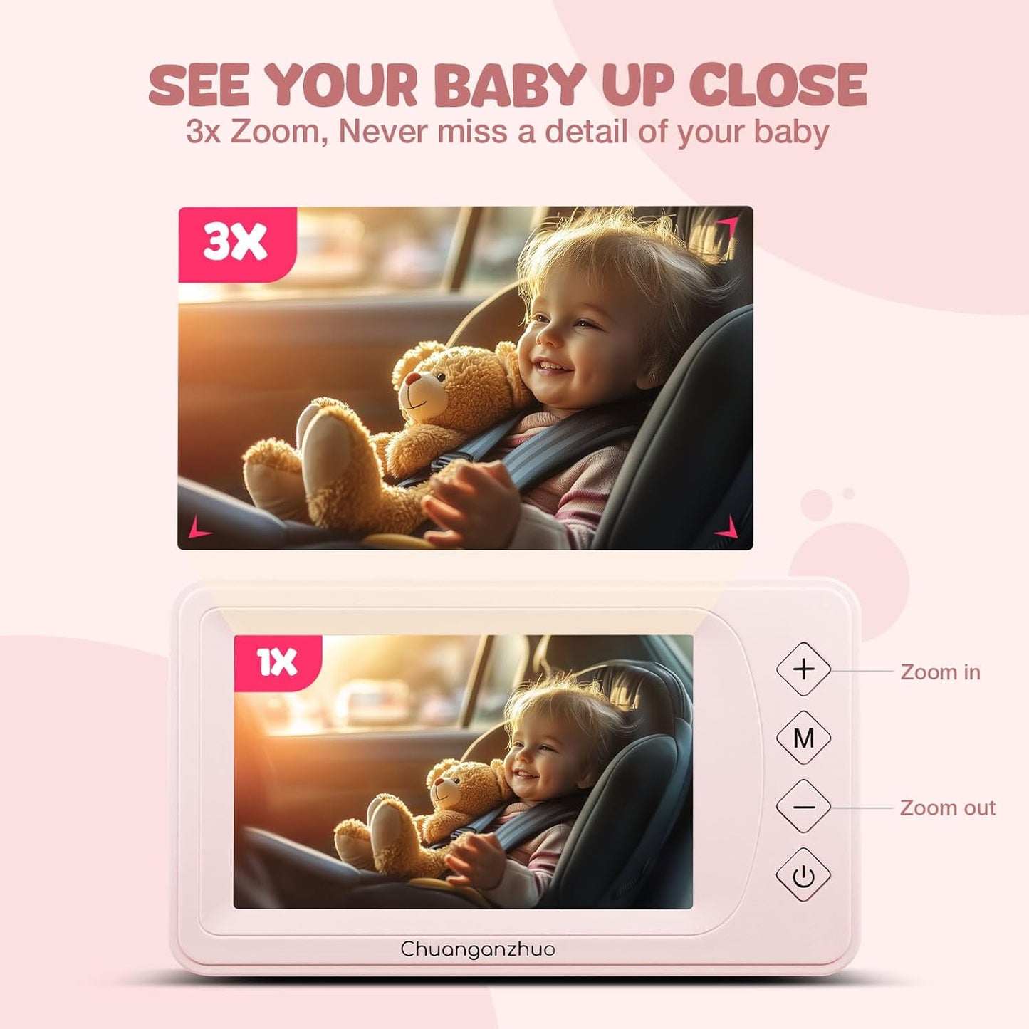 Baby Car Camera with Advanced Crystal-Clear Night Vision, 3X Zoom, USB Powered, 5'' AHD 1080P IPS Car Baby Monitor, Backseat Camera for Kids Infants Rear Facing Mirror, 5inch, Pink