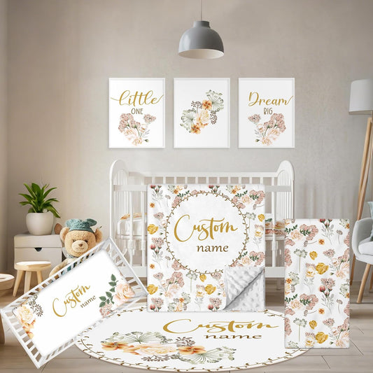 Personalized Baby Crib Bedding Set, 5 Pcs Custom Name Nursery Bedding Set, Yellow Flower Baby Bedding Set for Girl Boy, Double Layer Baby Crib Sets, Customized Gifts for Toddlers Kids Infants