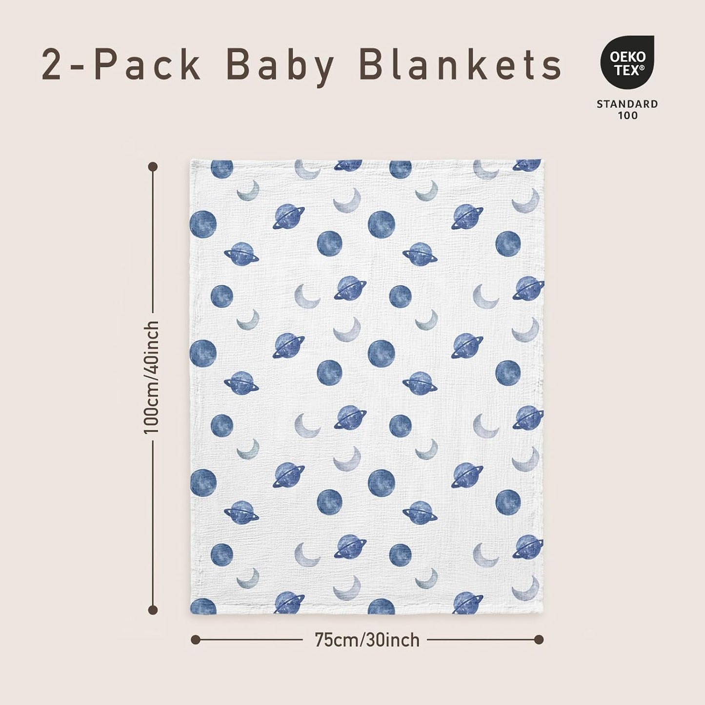 GLLQUEN BABY Blankets for Unisex Boys Girls, 2-Pack Muslin Cotton Front Soft and Breathable, and Dotted Fleece Backing, Printed Bed Nursery Minky Blankets for Toddler Newborn, Space, 30 x 40 inches