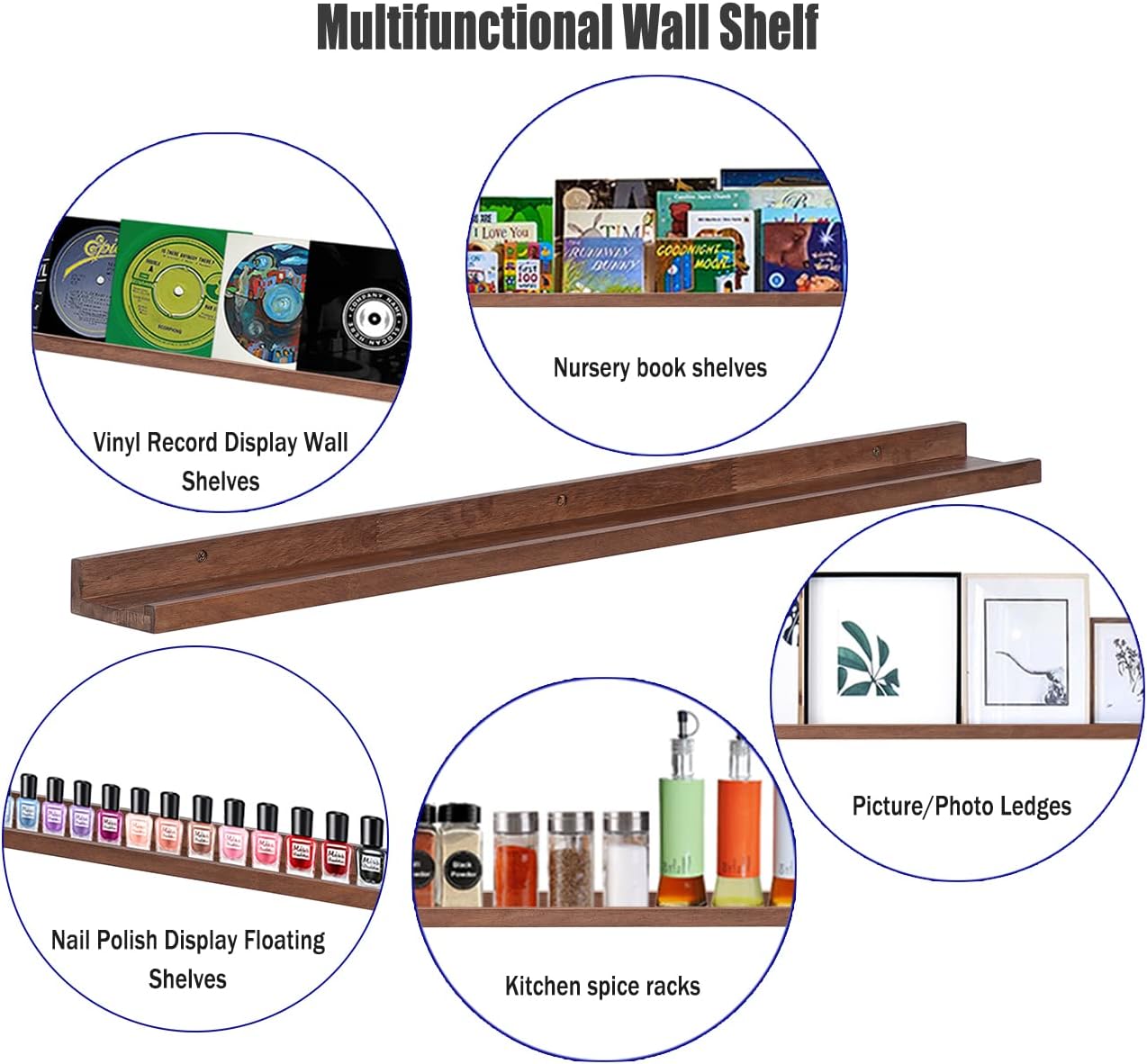 36 Inch Picture Ledge Shelf Rustic Wall Mount Light Walnut Long Narrow Picture Shelves Storage for Books Toys Music Albums Green Plants-Photo Ledge Shelf Set of 3 Mounting Hardware Include