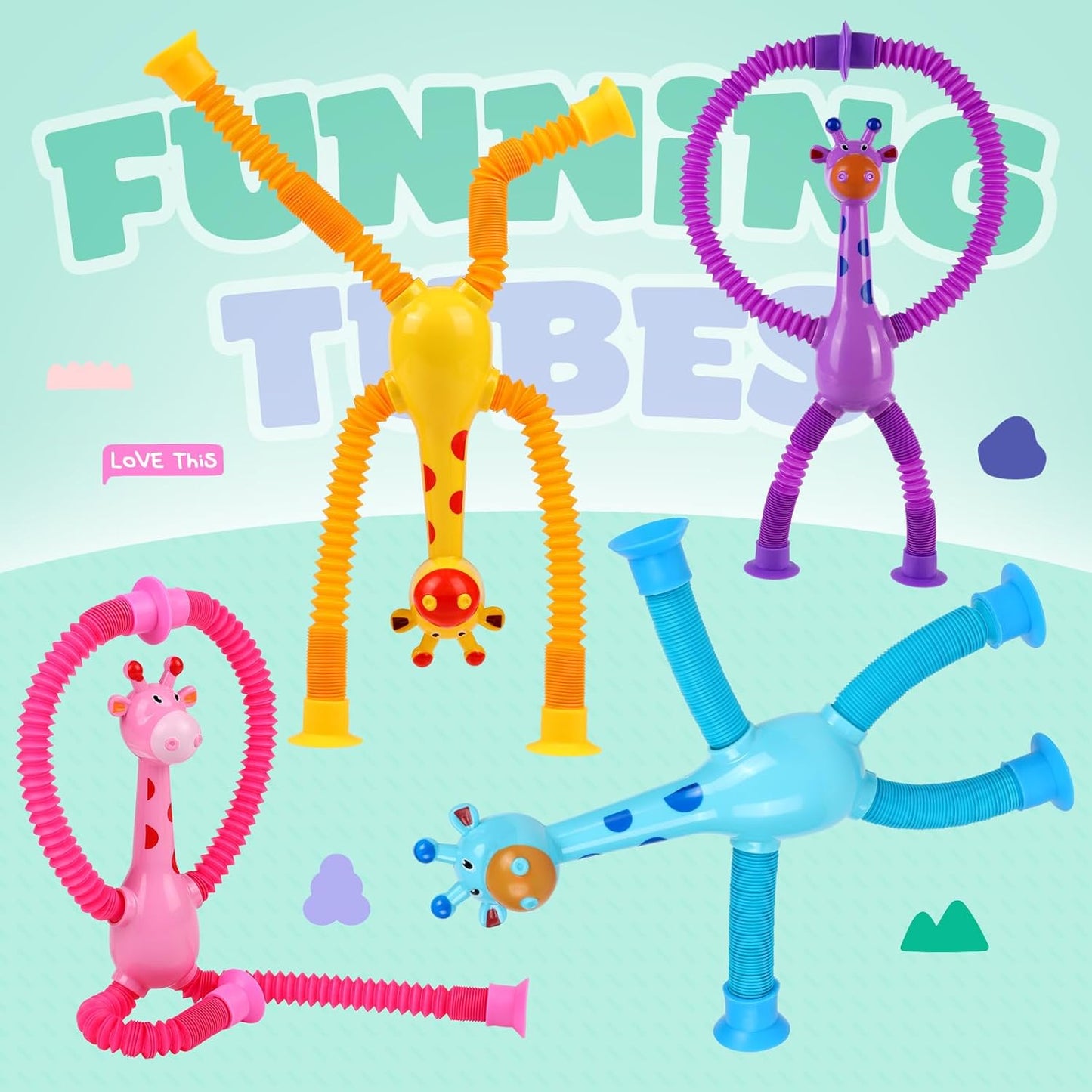 Ochine 4 Pack Telescopic Suction Cup Giraffe Toys, Shape Changing Pop Tubes Fidget Toys, Easter Basket Stuffers Sensory Toys ADHD Autistic Airplane Travel Toys