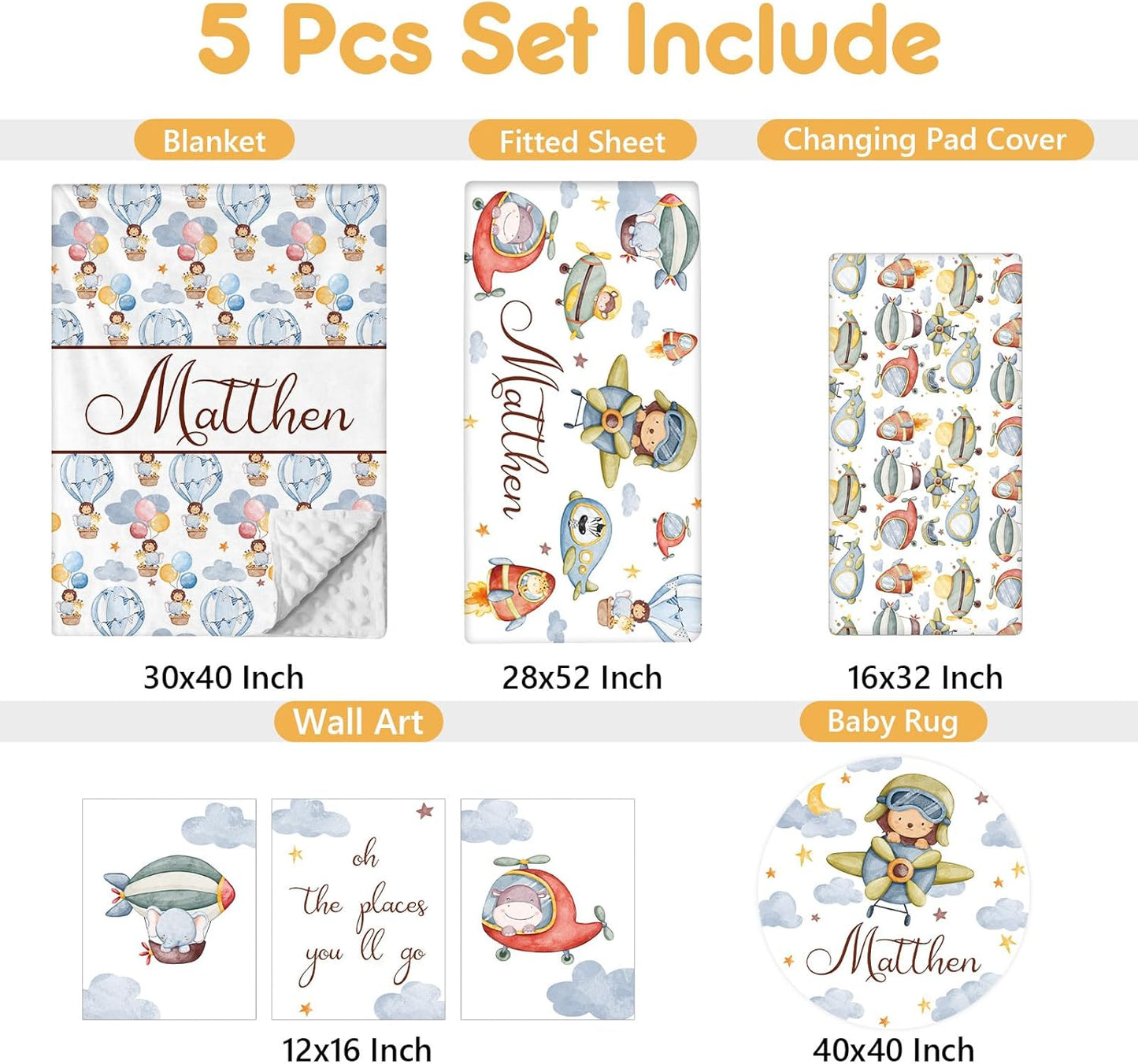 Personalized Crib Bedding Set, 5 Pcs Custom Name Nursery Bedding Set with Double Layer Flannel Blanket, Pilot Animals Baby Crib Set for Boys Girls, Customized Gifts for Toddlers Infants Babies