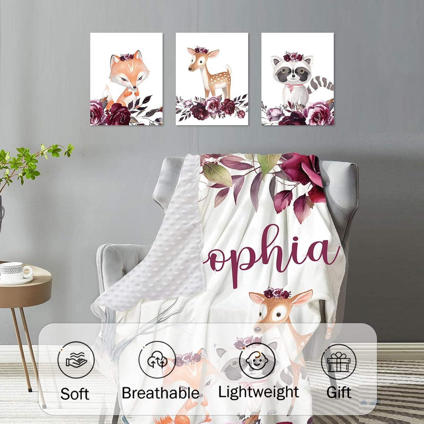 Personalized Baby Crib Bedding Set for Baby Girls, Rose Animal Pattern Custom Name 5-Pcs, Toddler Double Layer Blanket Fitted Sheets Changing Pad Cover Rug Wall Art Set