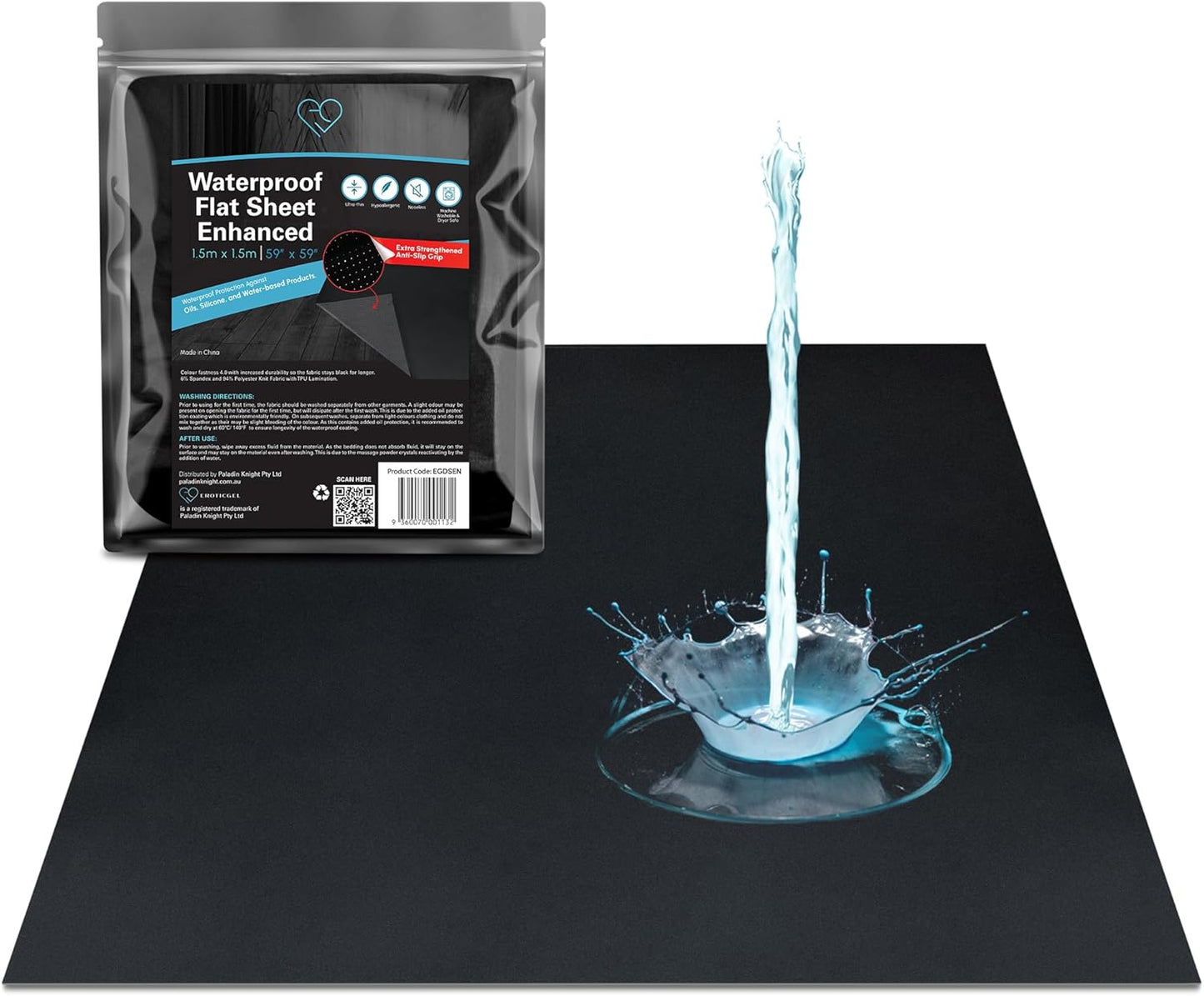 Black Waterproof Flat Drop Sheet (59”x59”), Anti-Slip Mattress Topper with Strengthened Grip, Protector Cover, Safe with Oil, Water, & Silicone-Based Massage Products, Hypoallergenic, Machine Washable