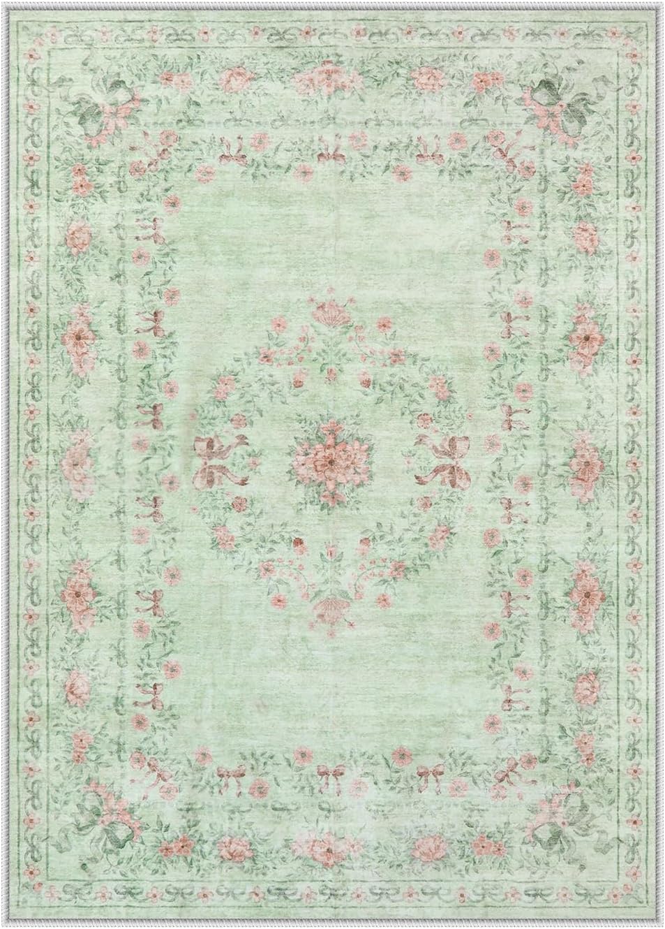 Wonnitar Floral Bow Print Washable Rugs 5x7, Sage Green Rug for Living Room, Ultra-Thin Non Slip Soft Boho Carpet for Dining Room Bedroom Kid Room Playroom, Light Green