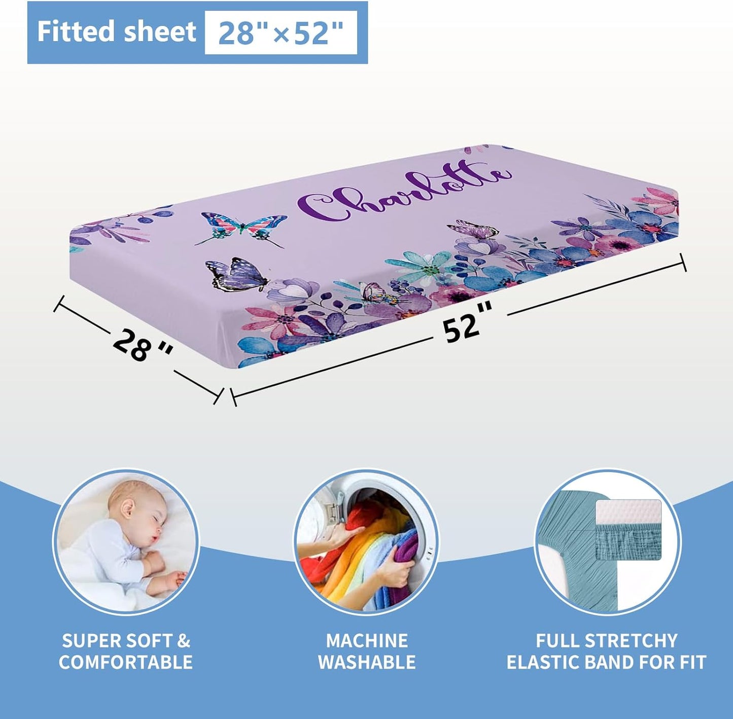 Personalized 5-Piece Crib Set, Custom Bedding With Name for Girls, Purple Butterfly Nursery Set, Gifts for Infants, Toddlers, New Parents