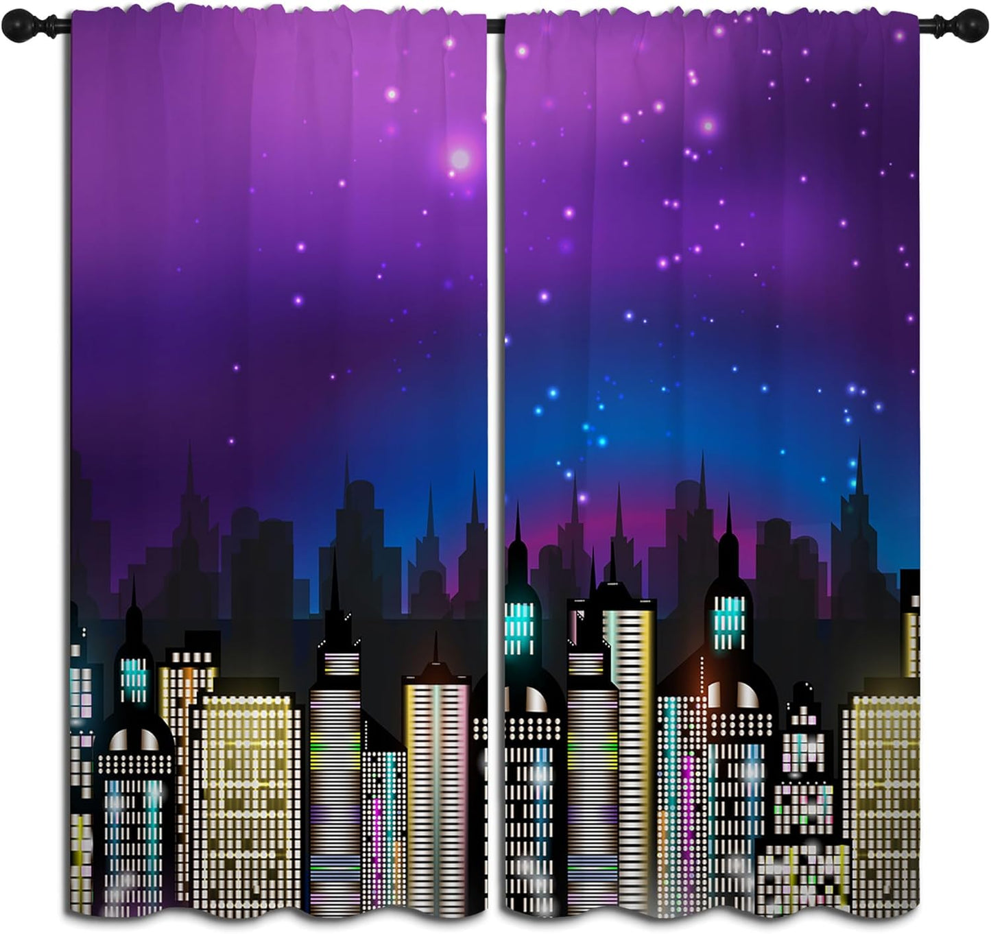 Superhero Rod Pocket Blackout Curtains for Boy Girl Bedroom, Super City Skyline Buildings Night Panorama Thermal Insulated Home Window Drapes for Living Room Darkening, 55x63 inch
